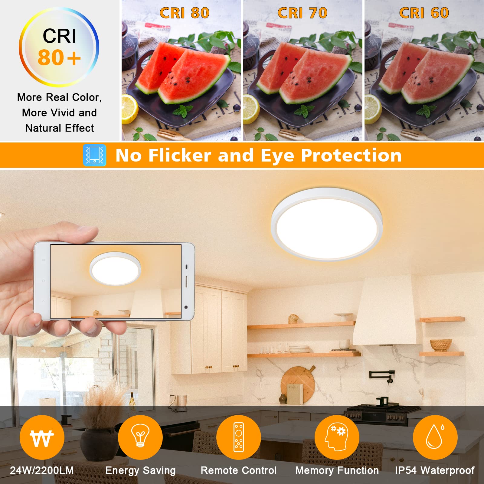 Unicozin Dimmable LED Flush Mount Ceiling Light, 12Inch 24W, Color Changing 3000K-6000K, Round, White, Model RJ-C24RRe