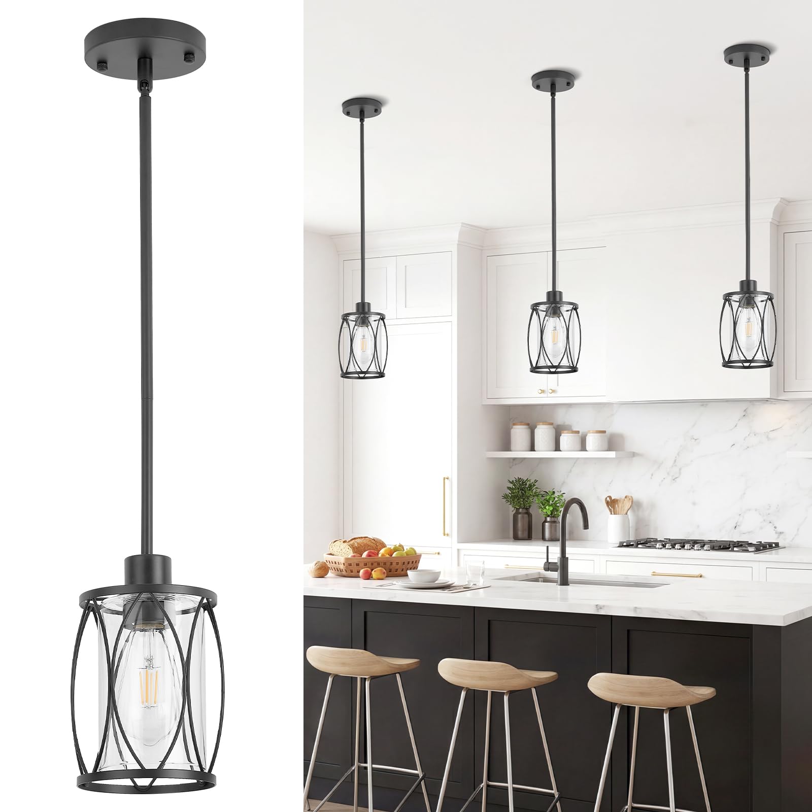 ElilyGiA Glass Pendant Lights Kitchen Island Black Pendant Light Fixtures Adjustable Farmhouse Mini Hanging Light with Clear Gla