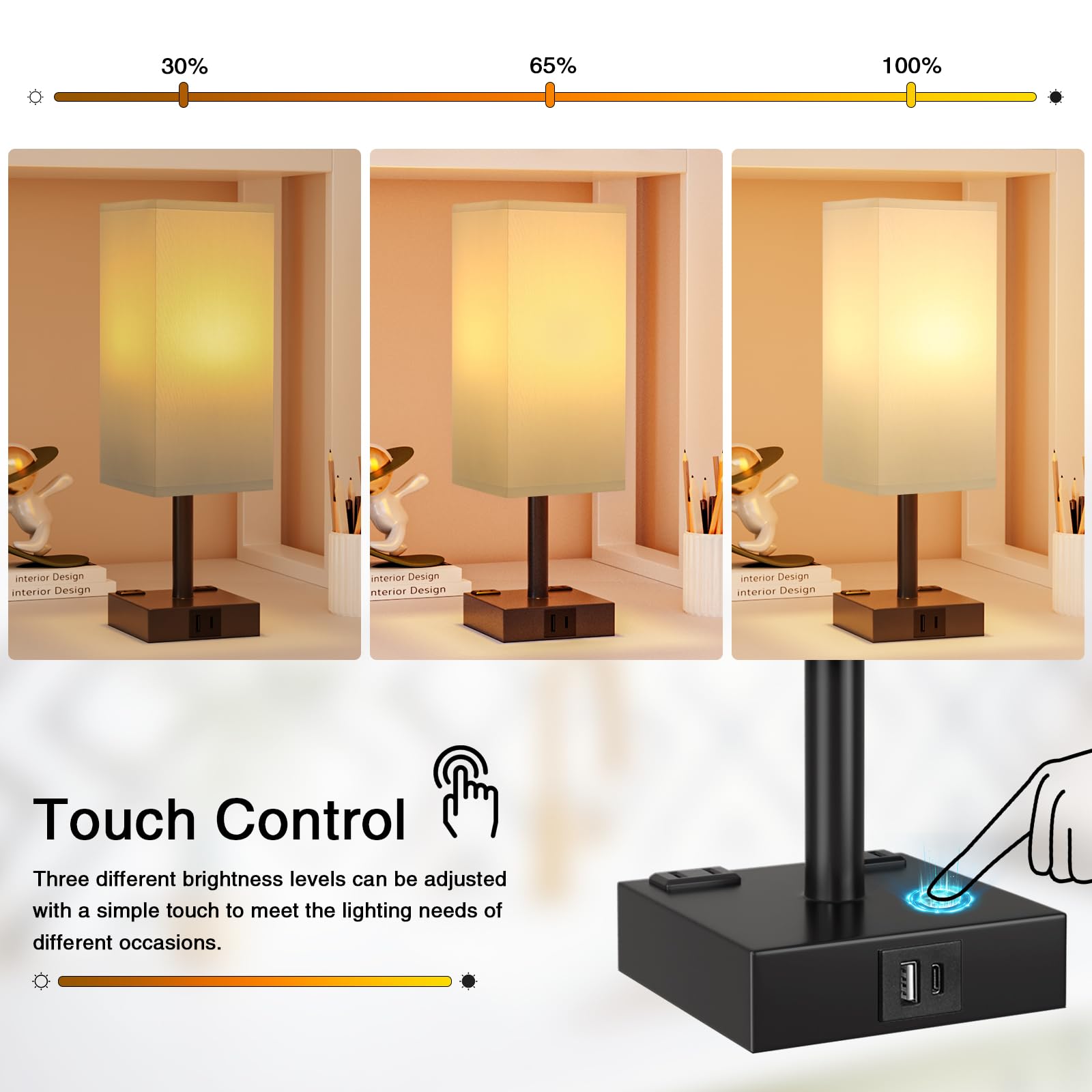 aooshine Touch Bedside Table Lamp - 3-Way Dimmable, USB A & Type C Ports, AC Outlets, 14in, Plastic, White & Black, Model 3