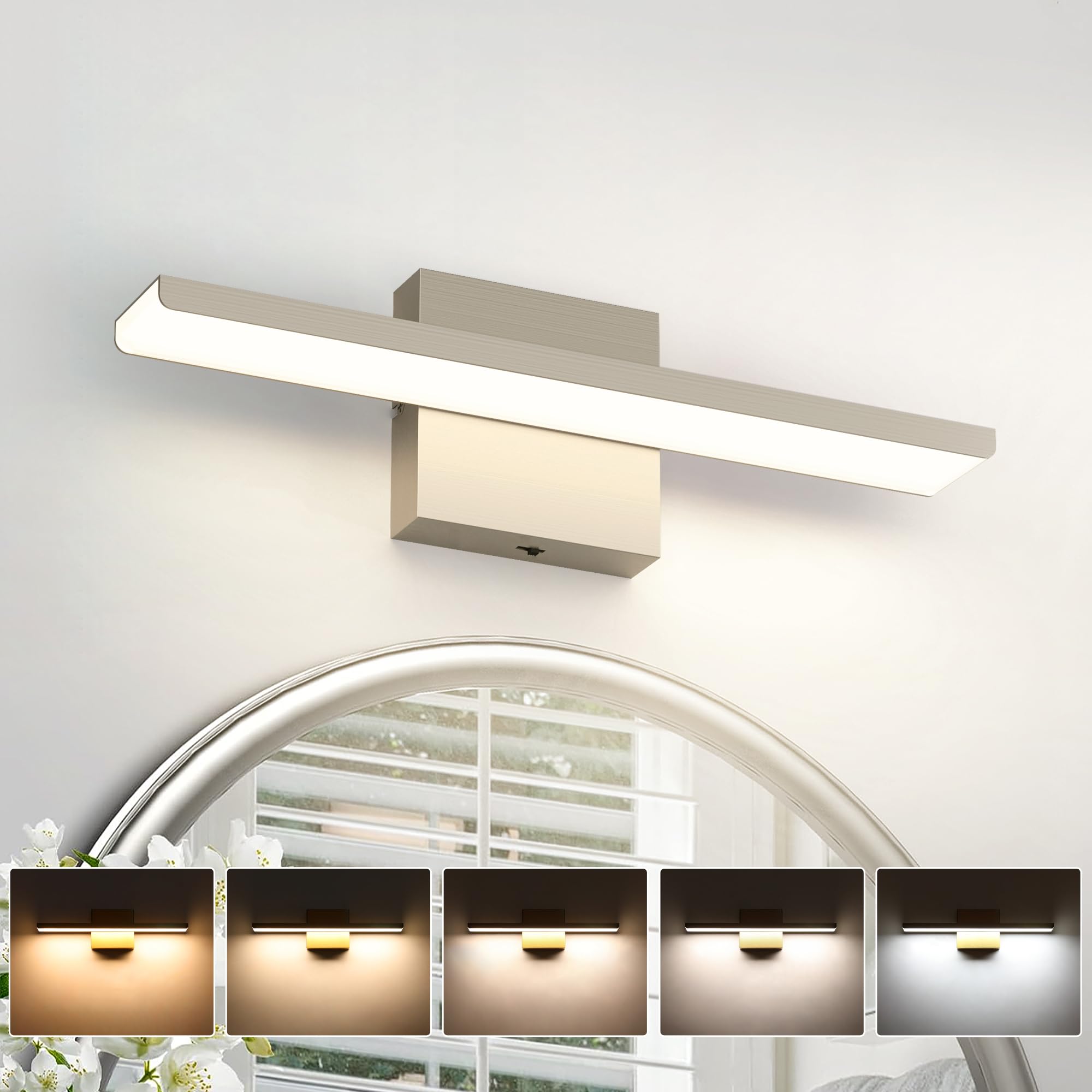 JUSHENG Brushed Nickel Vanity Lights for Bathroom Light Fixtures 5CCT Dimmable Vanity Light Bar Bathroom Lighting 16.14 Inch 1