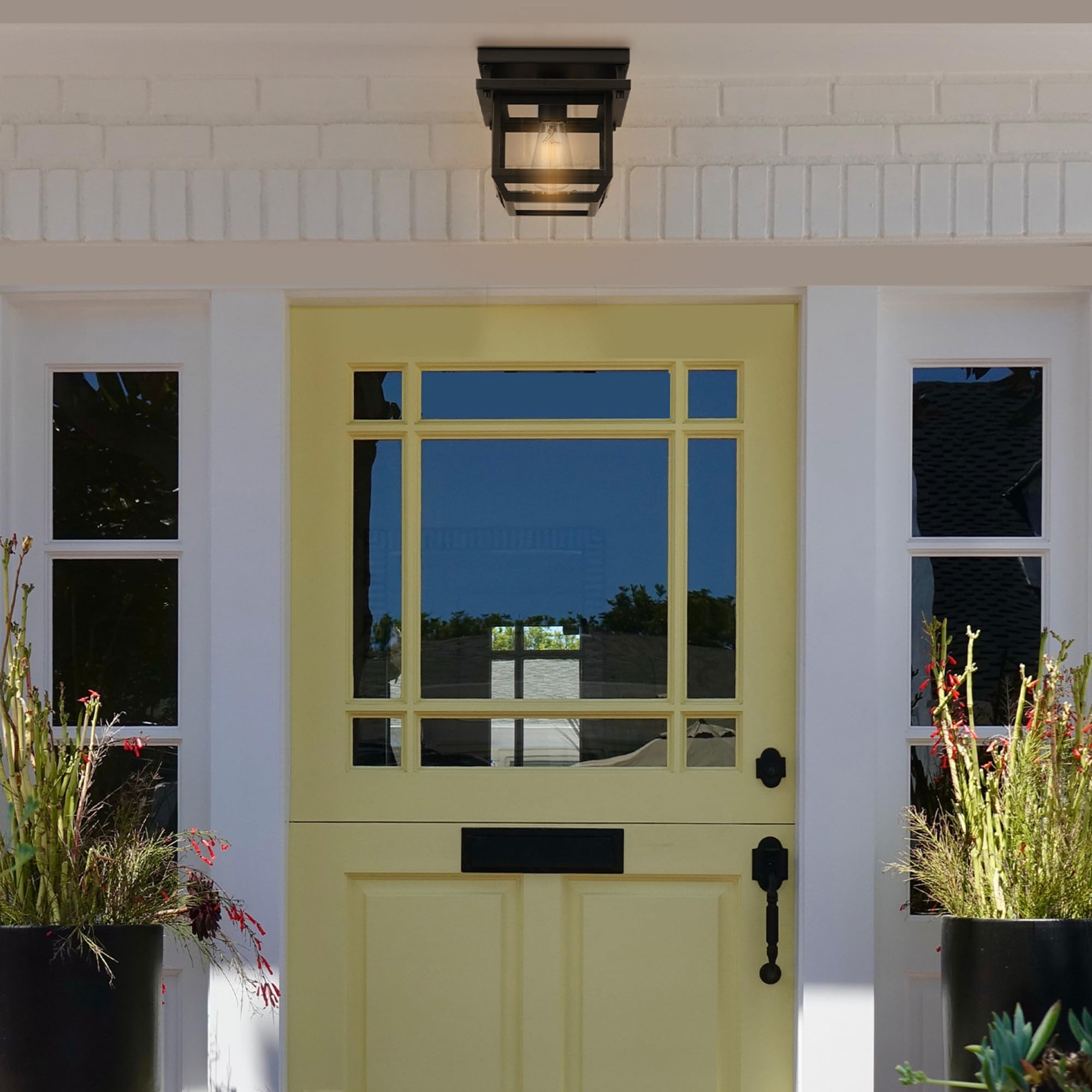 Globe Electric Sorrell 1-Light Outdoor Flush Mount Ceiling Light, Dark Bronze, Clear Glass Shade, Model 44779