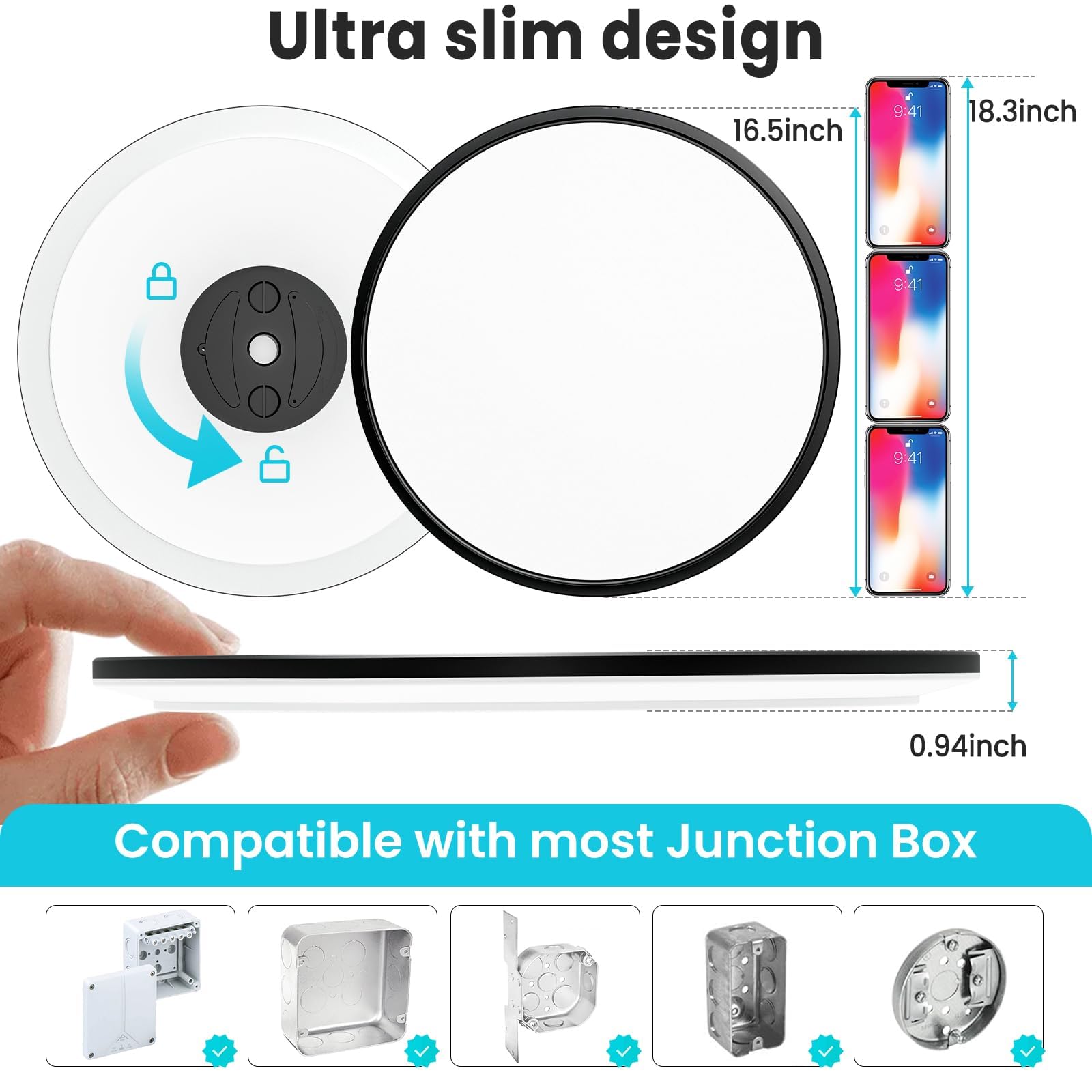 Libtit 16.5 Inch Black Flush Mount Ceiling Light, 3Pack 4200Lm 36W Large & Bright Ceiling Lighting Fixture, 3000K/4500K/6000K Th