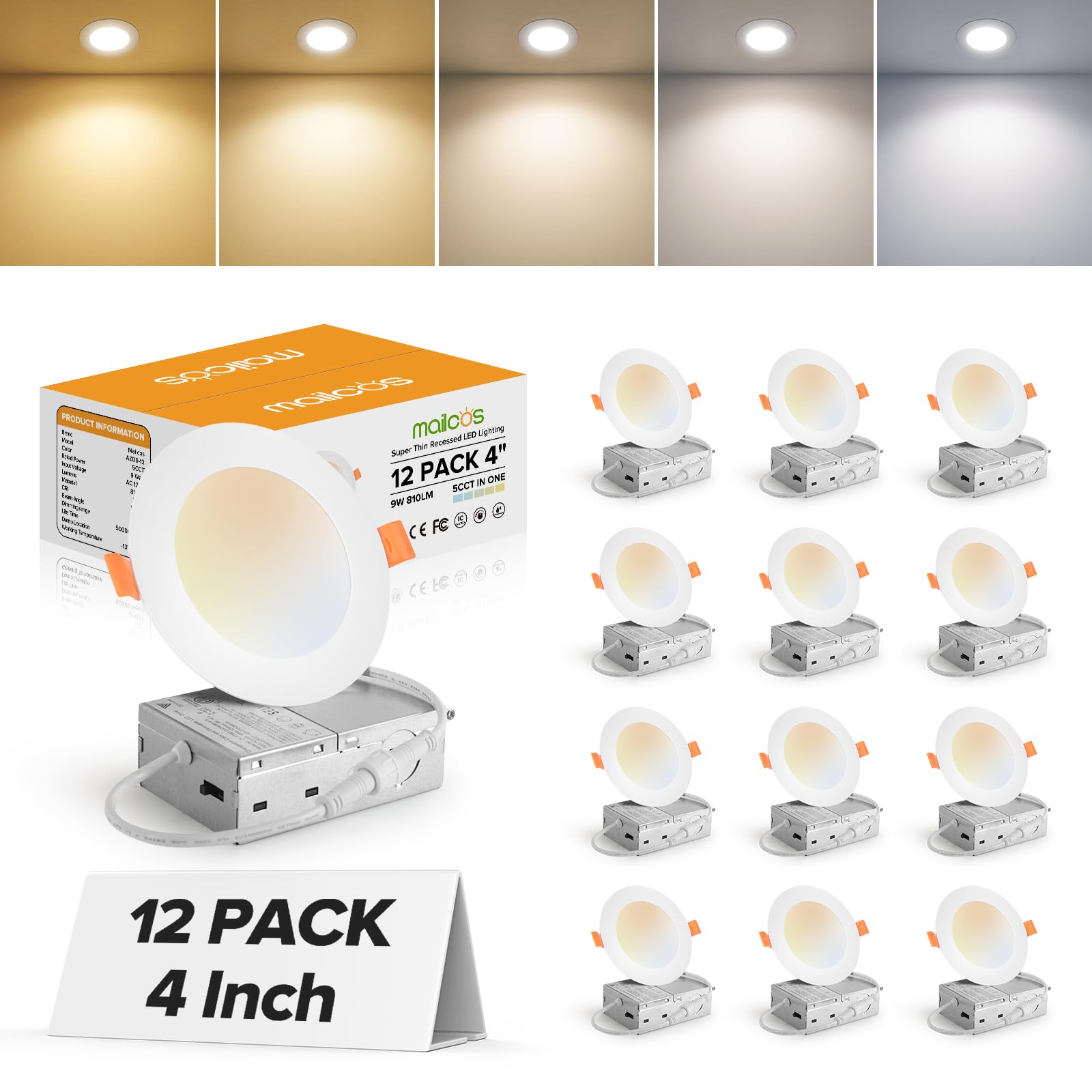 MAILCOS 12 Pack 4 Inch 5CCT Ultra-Thin LED Recessed Ceiling Light with Junction Box, 2700K-5000K Selectable, 810LM High Brightne