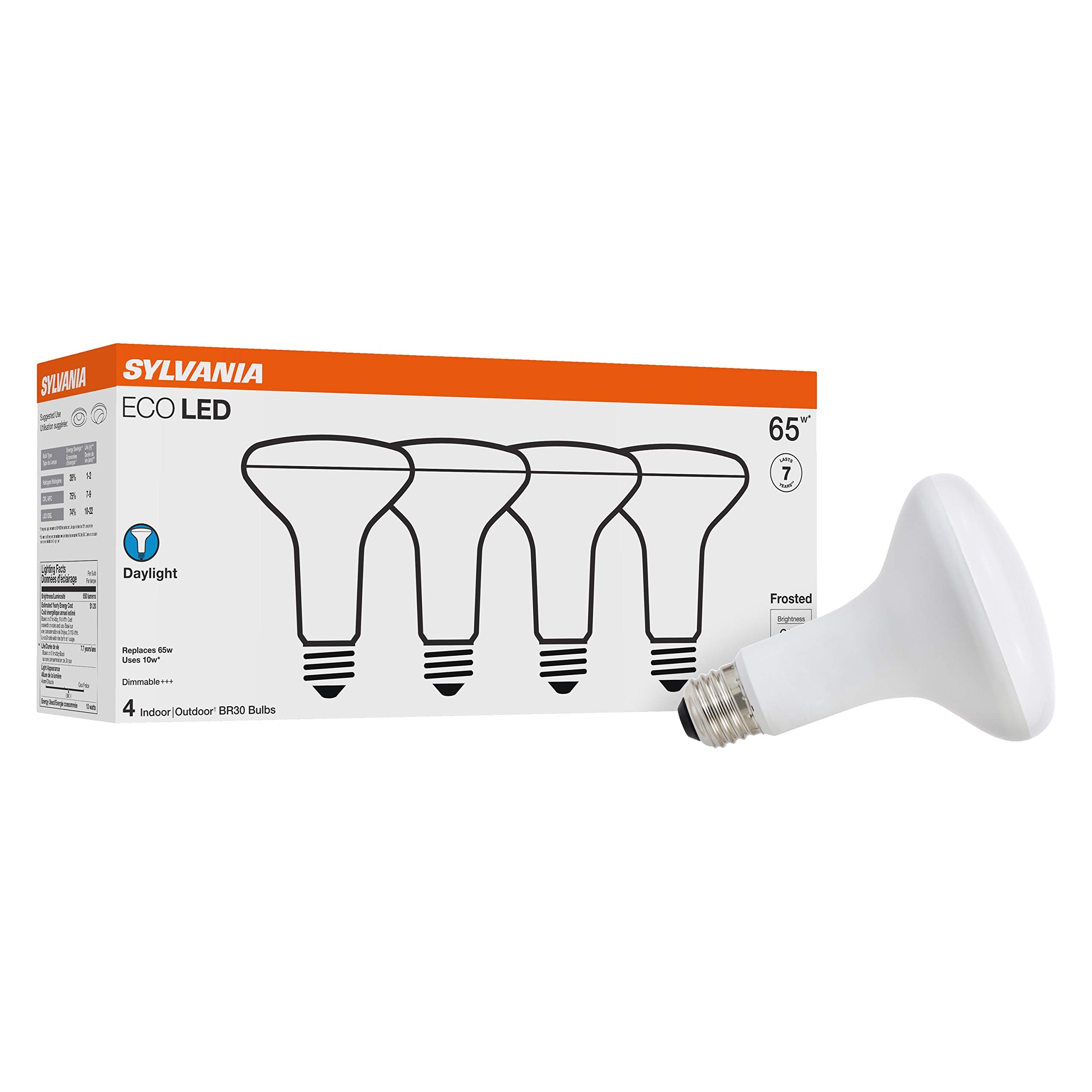 Sylvania Eco Led Light Bulb, Br30, 65W=10W, 7 Year, 650 Lumens, Frosted, Dimmable, Daylight - 4 Pack (40871)