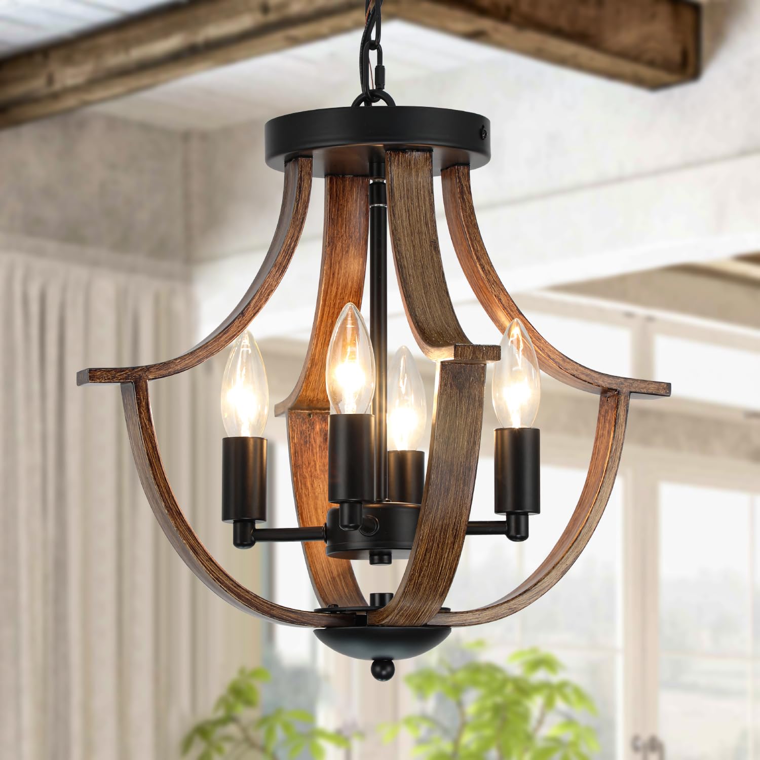 LAMPKEDUO 4-Light Rustic Pendant Lighting, Metal & Faux Wood Chandelier, Black, Model D9901-4 for Dining Room, Kitchen, Hallway