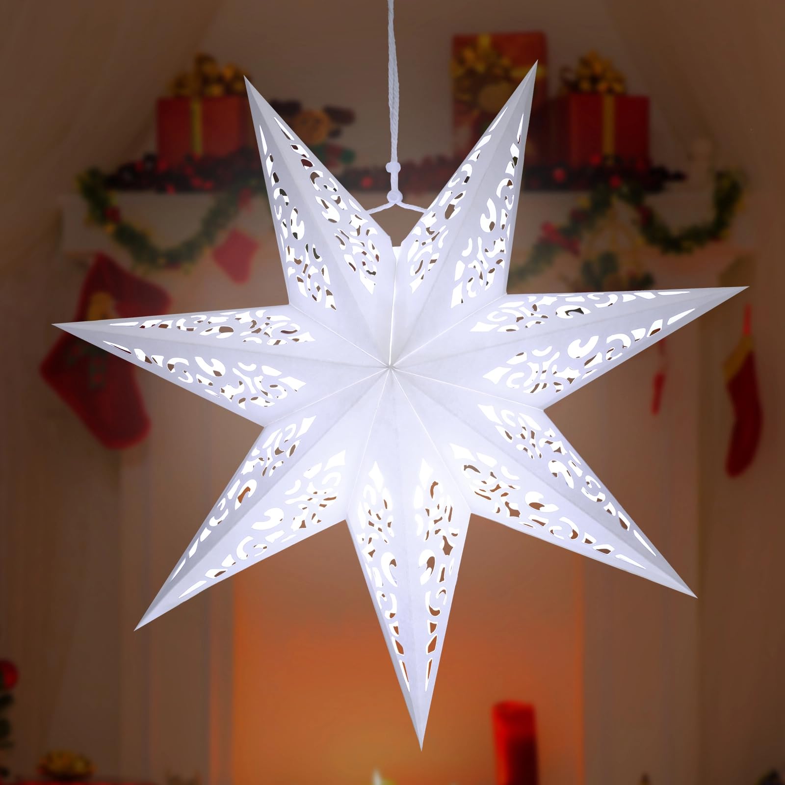 Kingdder 20 in Christmas Paper Star Lanterns Lampshade with White LED Light 7 Pointed Moroccan Hollow out Stars Hanging Party De