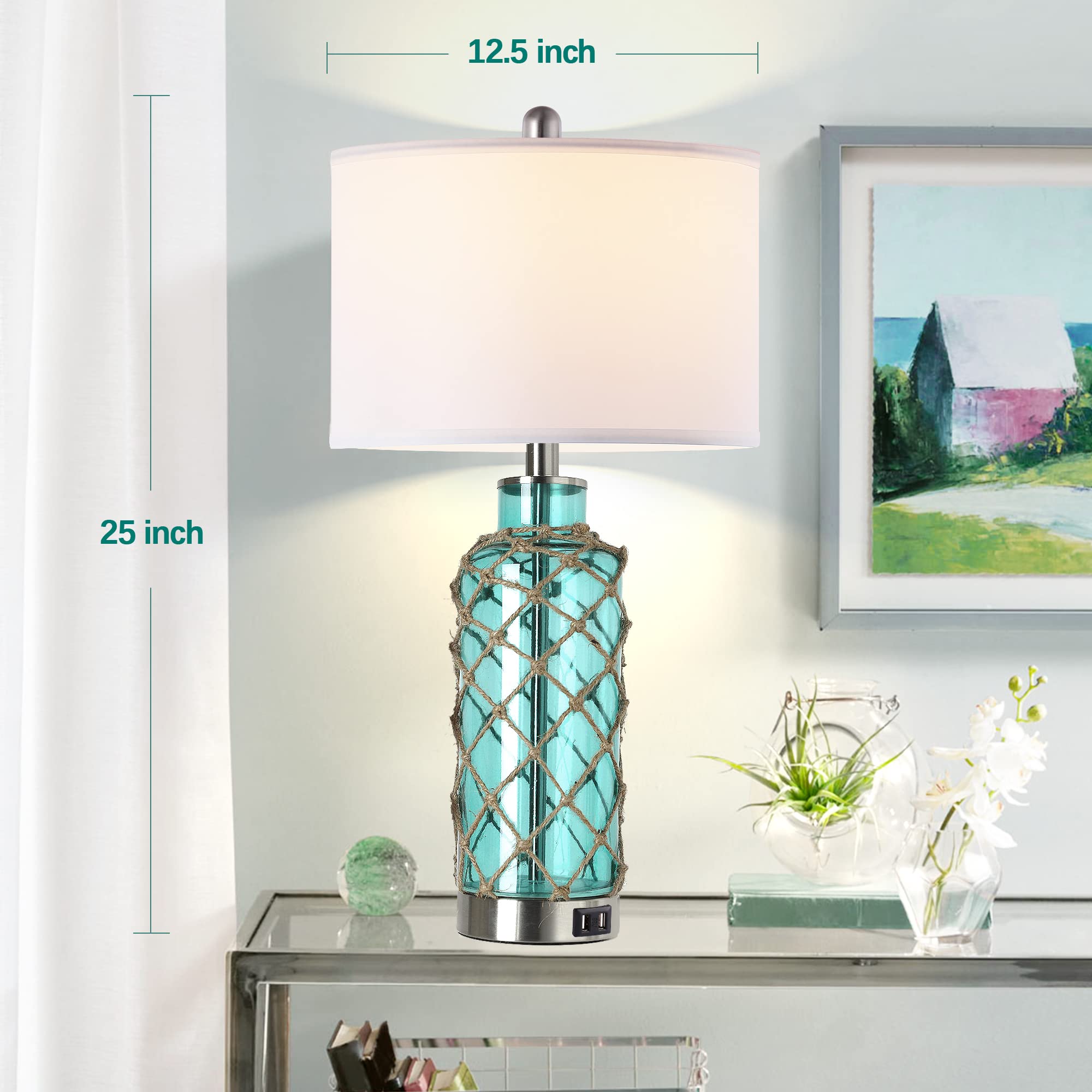 PARTPHONER Cottage Nautical Accent Table Lamp Set of 2, Touch Control, 3-Way Dimmable, Blue Green Glass, USB Ports, Model LED0977