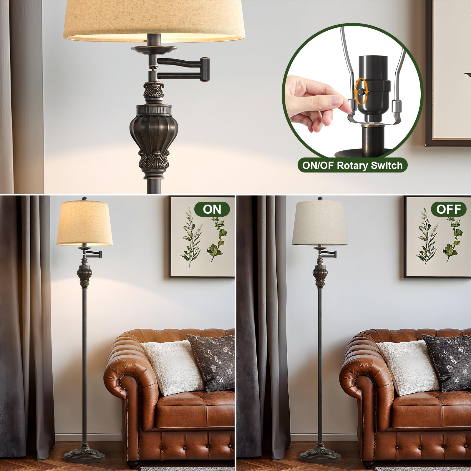 G-Safava 61'' Vintage Floor Lamp With 350 Adjustable Swing Arm, Standing Lamp For Bedroom Living Room Bedside Nightstand Retro F