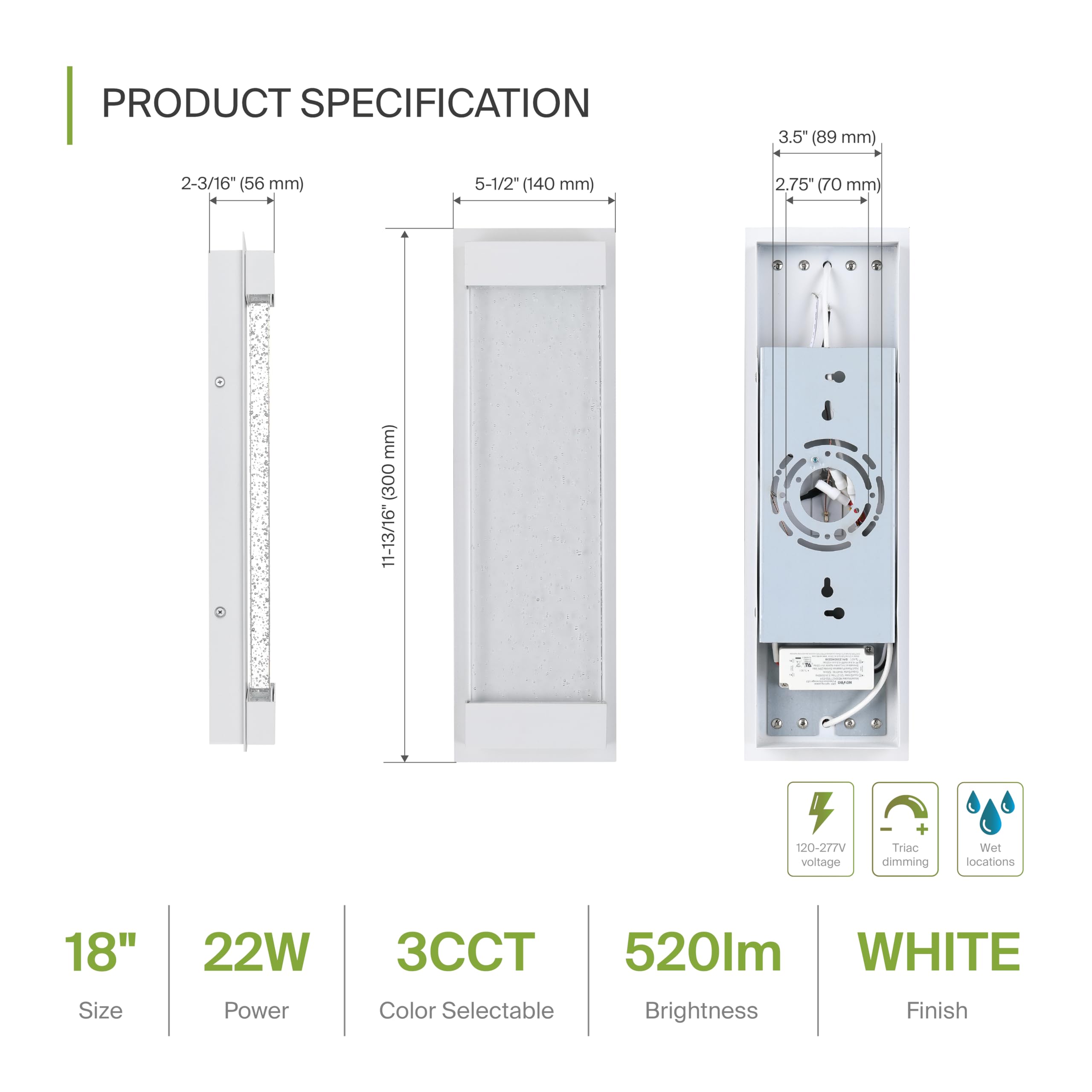 ASD 18" LED Bubble Glass Wall Light Fixture - Waterproof, Dimmable, Up-Down Glow, White, Model A-LWS28SMV18D22WH