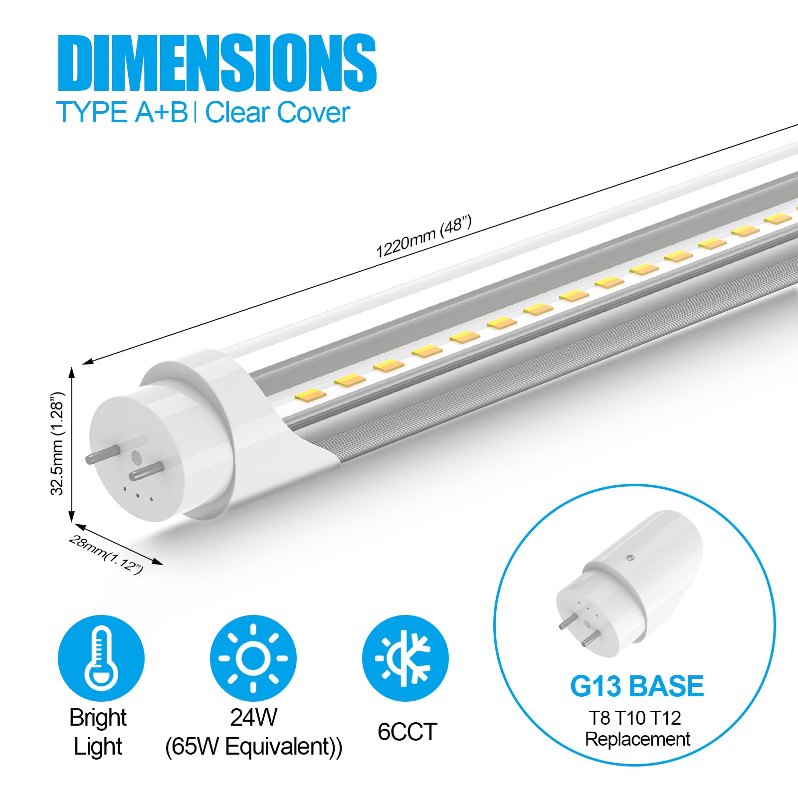 rgbylediison T8 T12 LED Bulbs 4FT 10W-24W Hybrid Clear 6 Pack, Aluminum, 3000K-6500K, Plug & Play/B