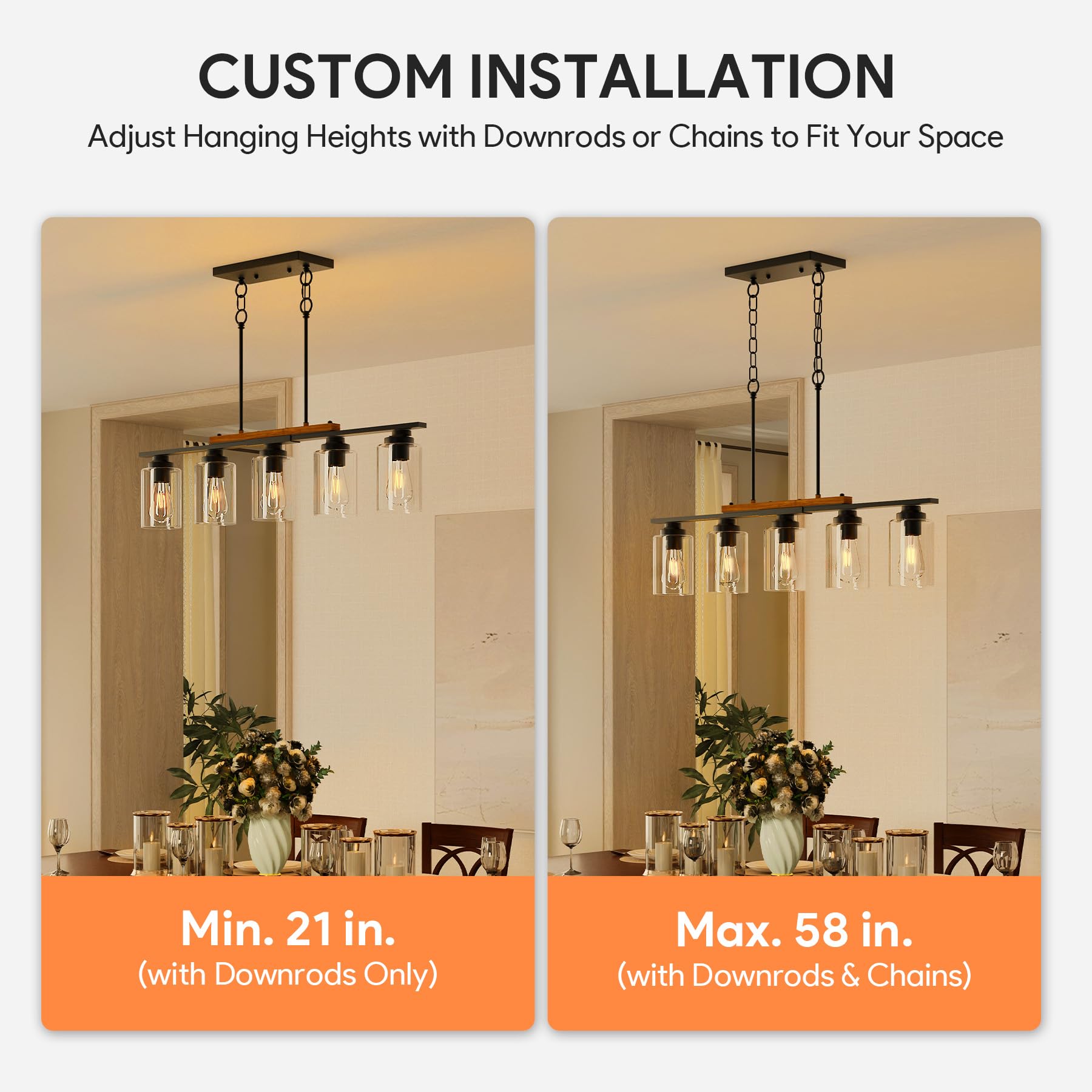 Vonluce Dining Room Light Fixture Over Table, 5-Light Kitchen Island Lighting With Glass Shade And Adjustable Rods, Farmhouse Li