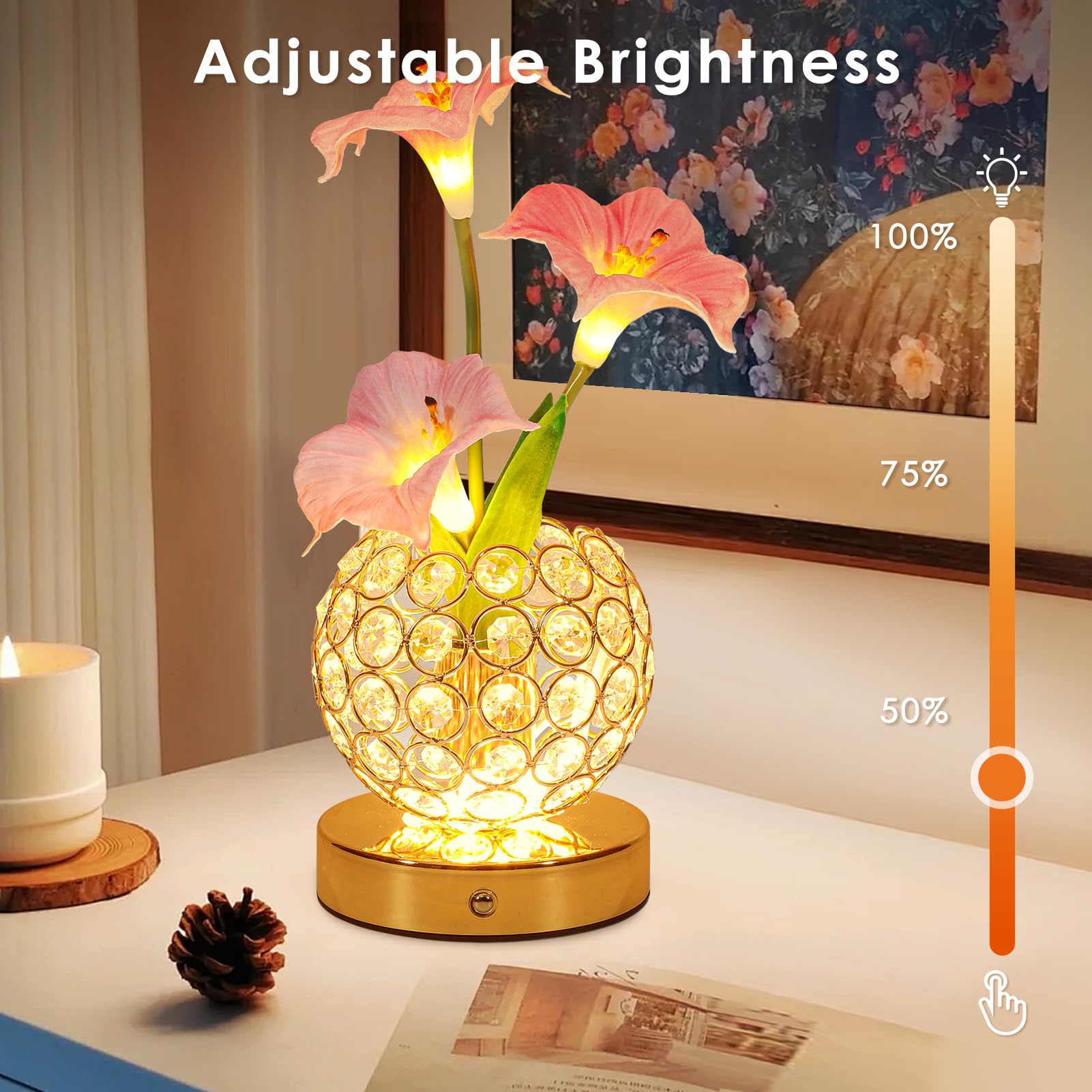 Pink Morning Glory Flowers Table Lamp, Rechargeable Cordless Touch Artificial Flower Crystal Lamp, Kitchen Bedroom Office Decor