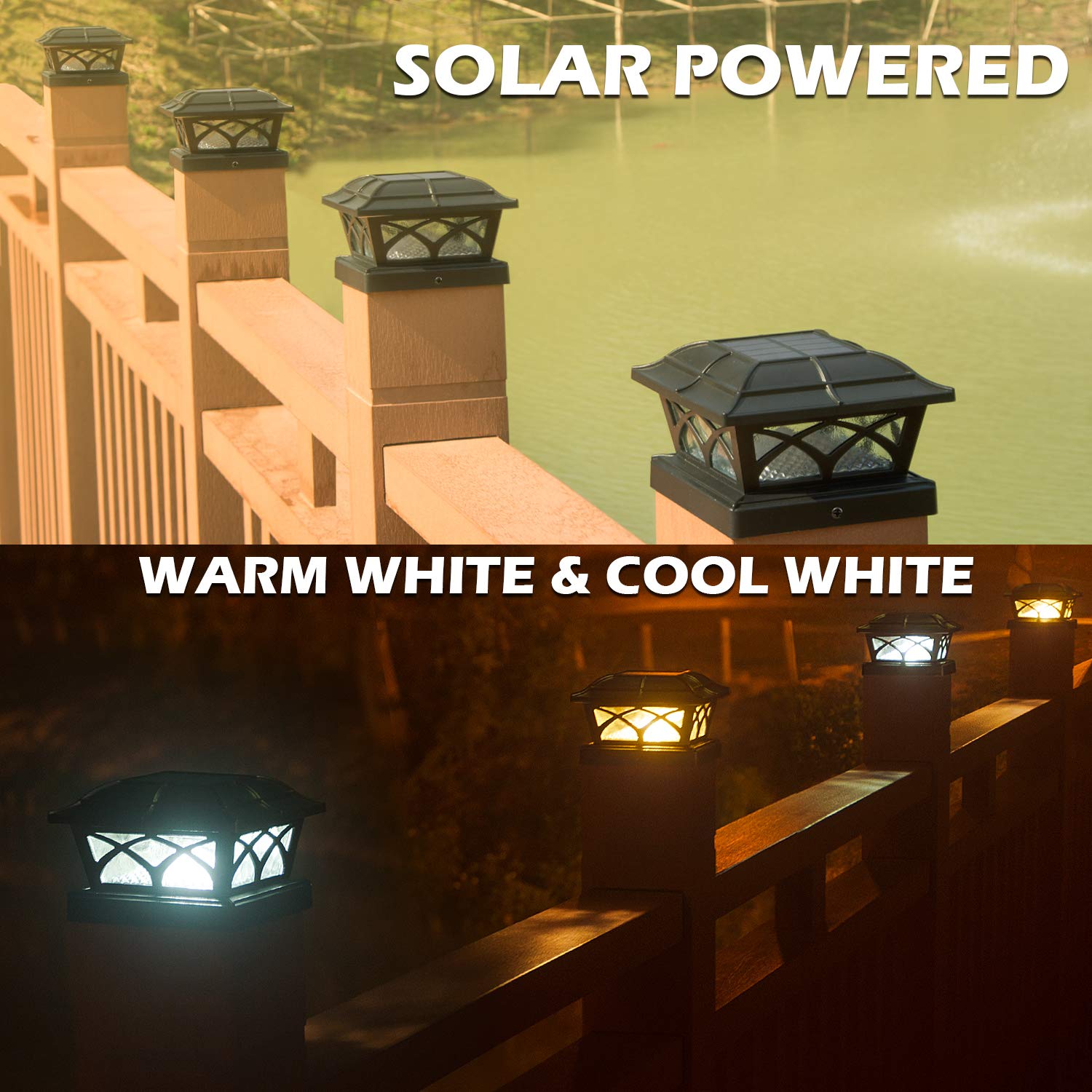 SIEDiNLAR Solar Post Cap Lights, 8 LEDs, 2 Color Modes, Glass, 4 Pack, Brown, Model SD012Z-4PK