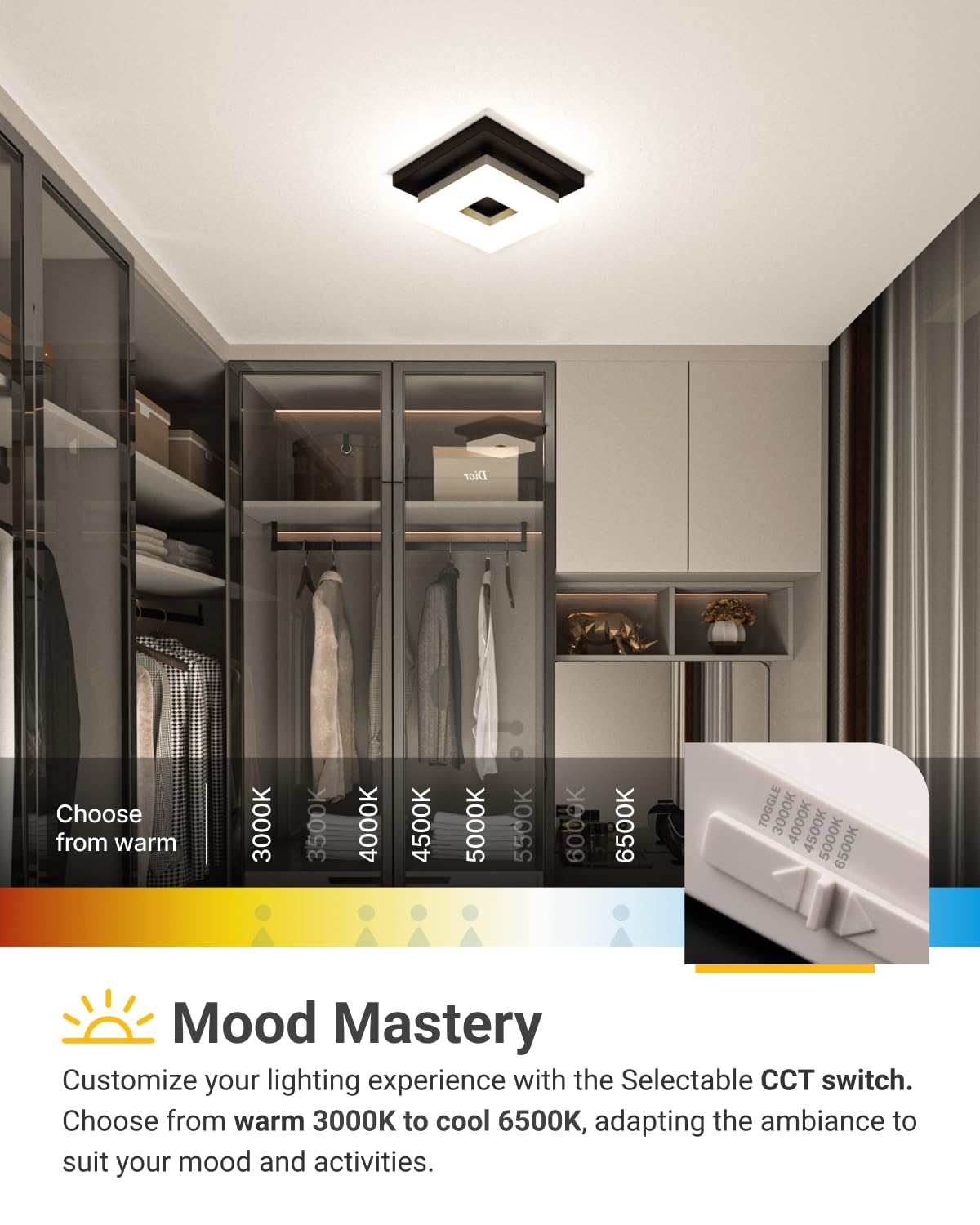 Sunco 8 Inch Square LED Flush Mount Light Fixture, 5 CCT Selectable, 1800LM, 2 Pack, Black, Alloy Steel, Model CL8_SQ-BK-