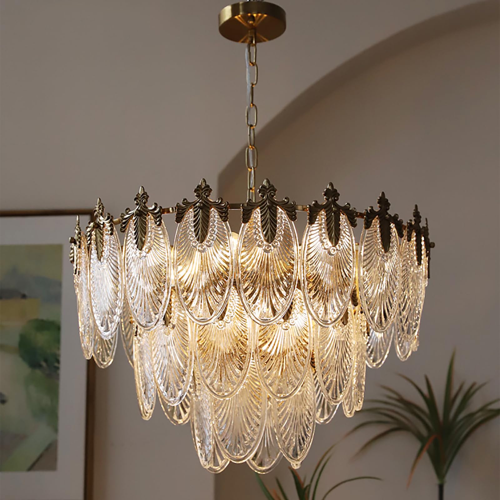 KELUOLY Antique Chandelier 3-Tier Glass Crystal Chandeliers  9-Lights Gold Round Pendant Light 23.6 Brushed Brass Adjustable Height  Applicable to Dining Room  Bedroom  Living Room  Foyer  Kitchen