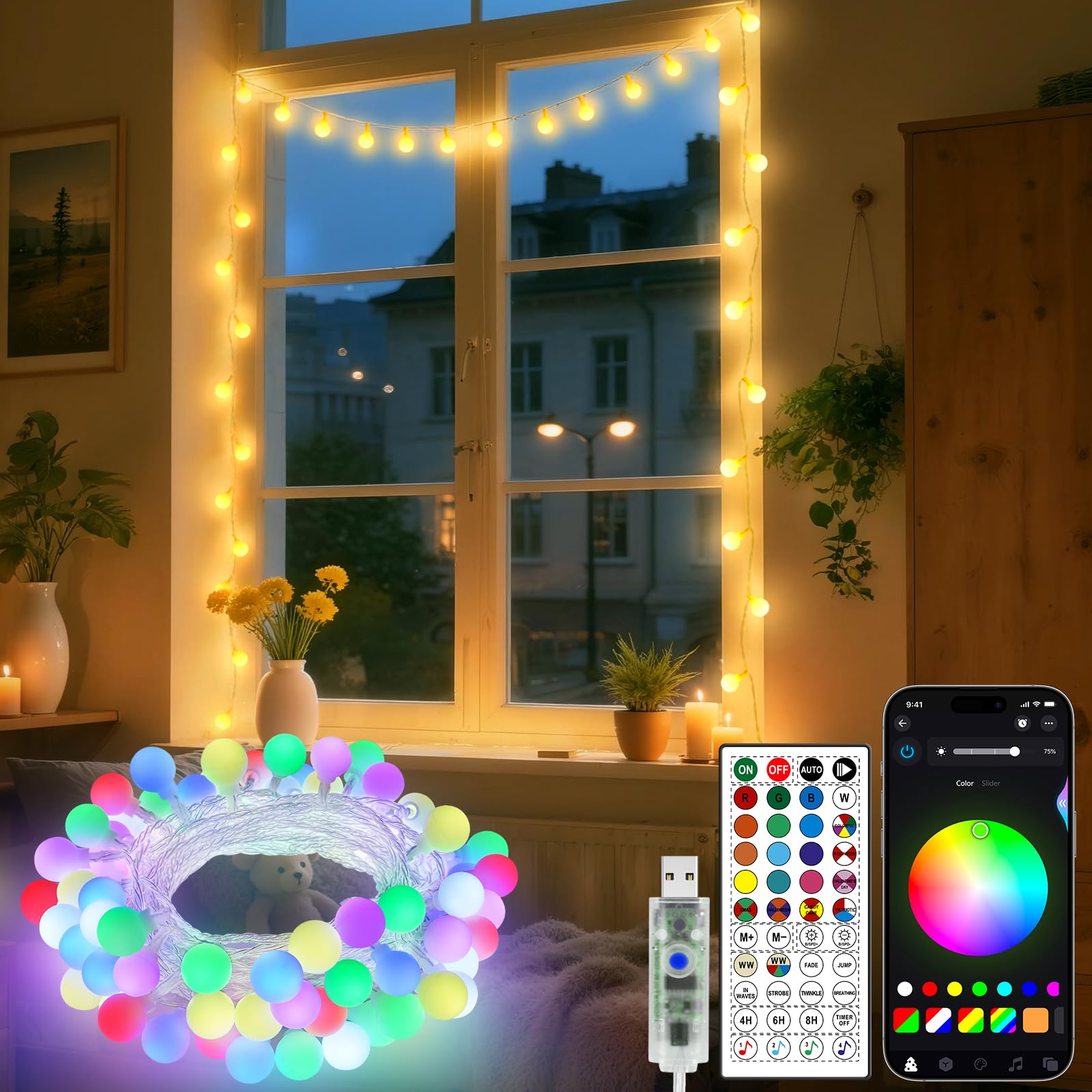 OMIKA 33FT 60 LED Color Changing Globe String Lights, Warm White & Multicolor USB Powered Smart Fairy Lights, APP & Remote Contr
