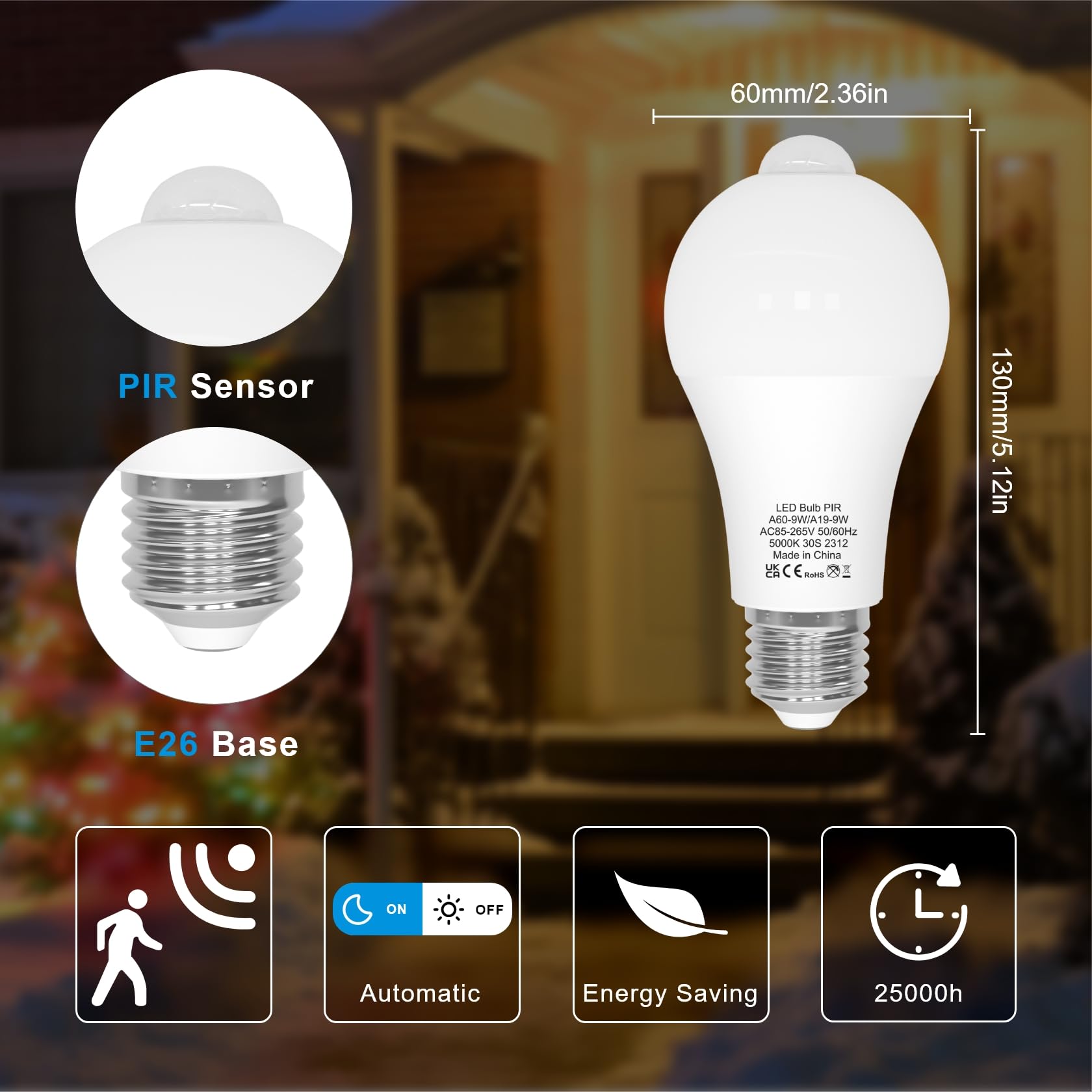 ORALUCE Motion Sensor LED Bulbs 9W A19 E26 60W Equivalent, Daylight White, 5000K - 2 Pack for Indoor/Outdoor Use