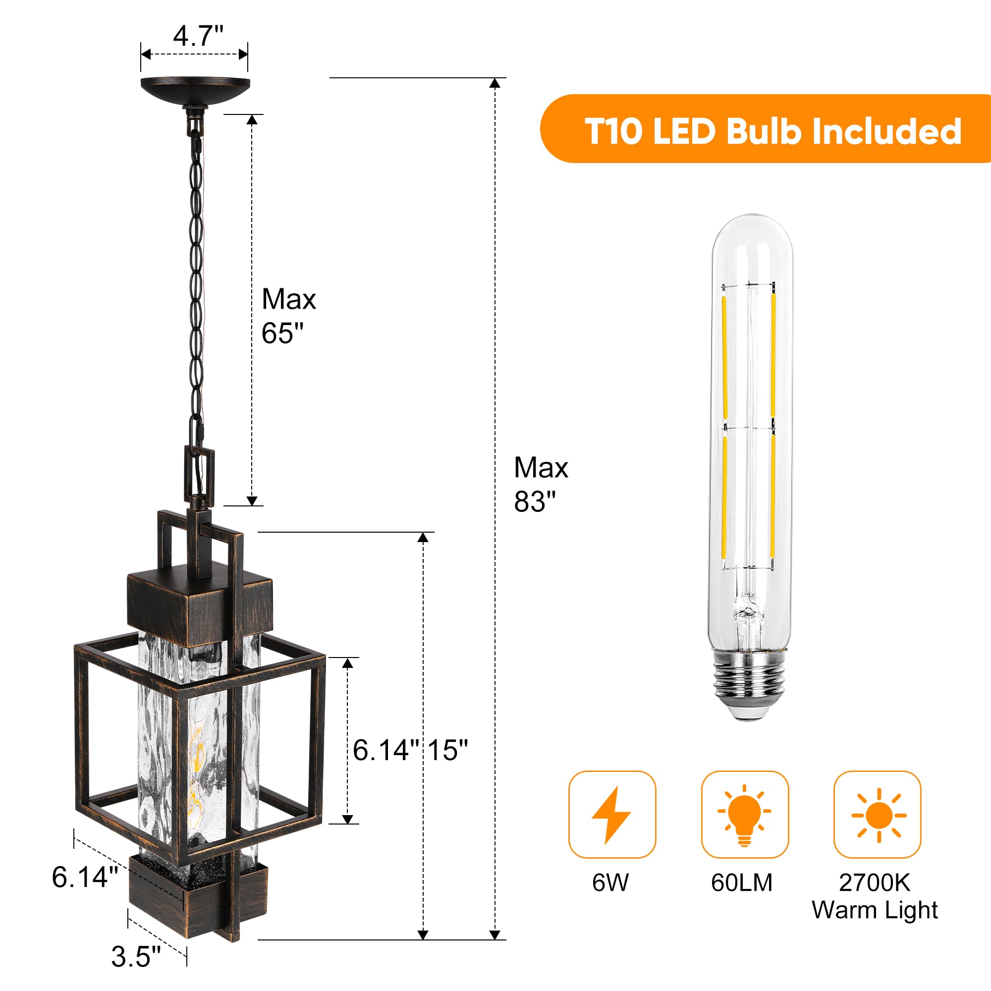 PARTPHONER 15in Outdoor Pendant Light, Black Brushed Gold Metal Chandelier with Water Glass, Model PACL034BB1