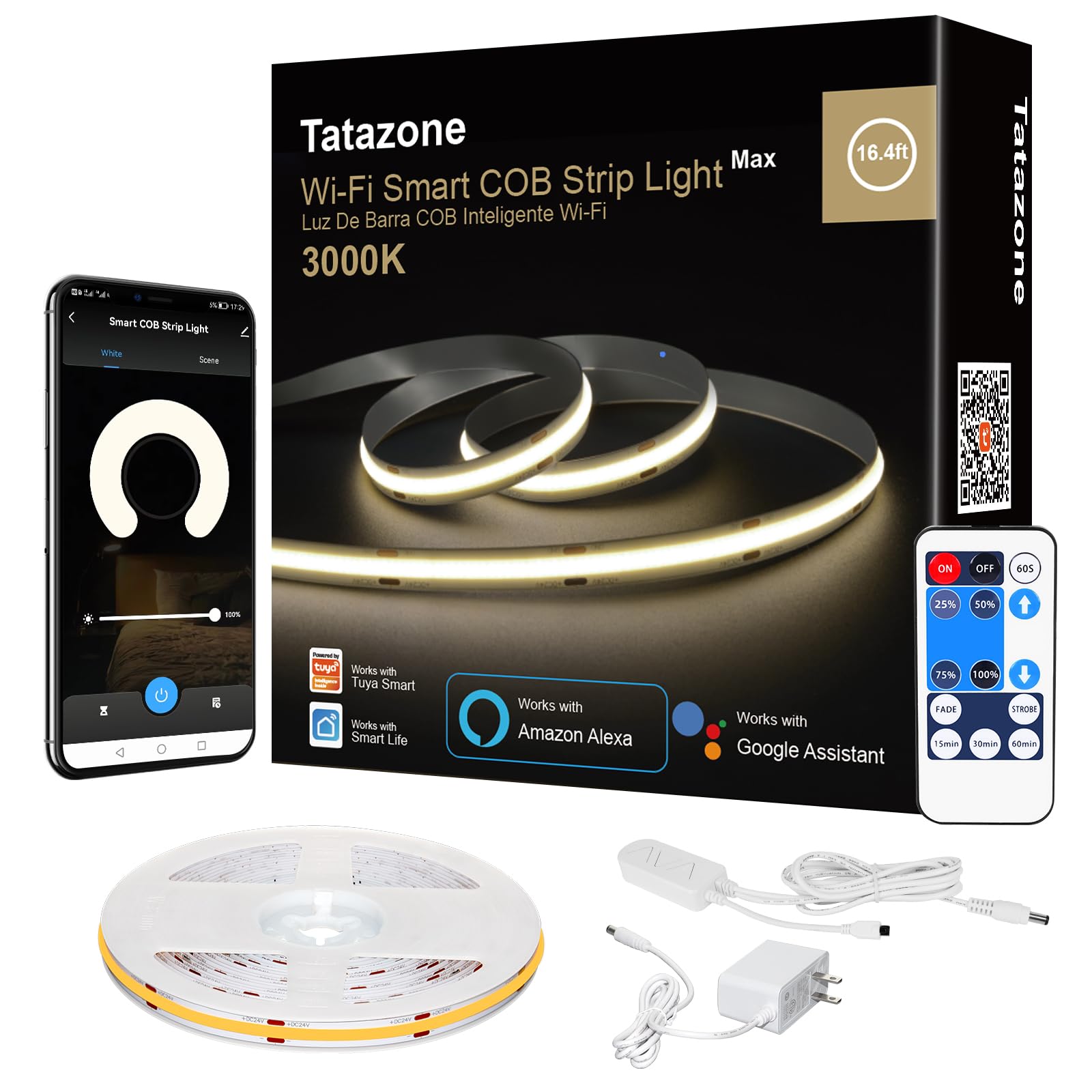 Tatazone Smart White COB Led Band Light with App and Remote  16.4ft 3000K Bright Warm White WiFi COB Light Band Compatible with Alexa Google  Dimmable Indoor Led Lights for Mirror  Cabinet  Kitchen