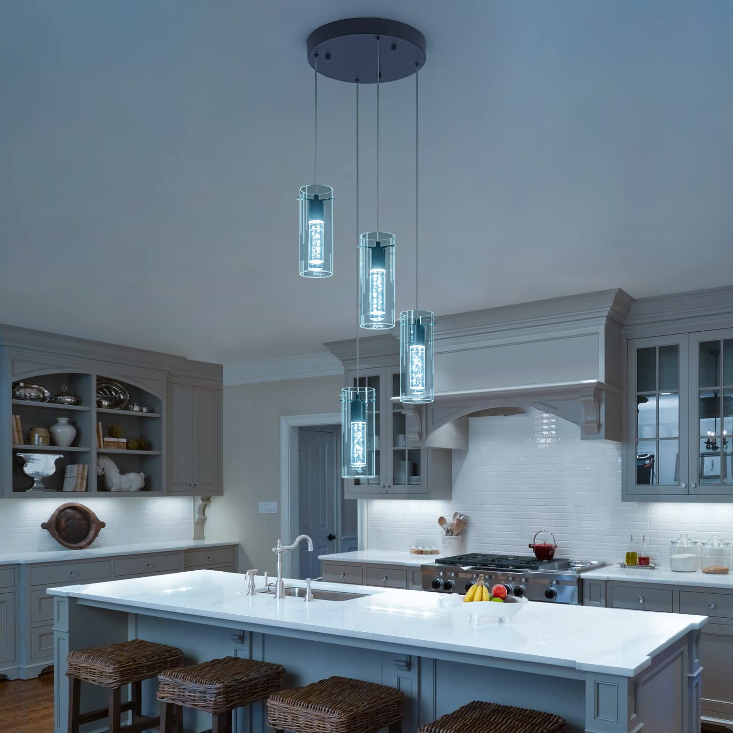 BESTWEST Black Pendant Light Fixture, Modern 4-Light Dimmable Chandelier, Glass, Sand Black, Model BW-03