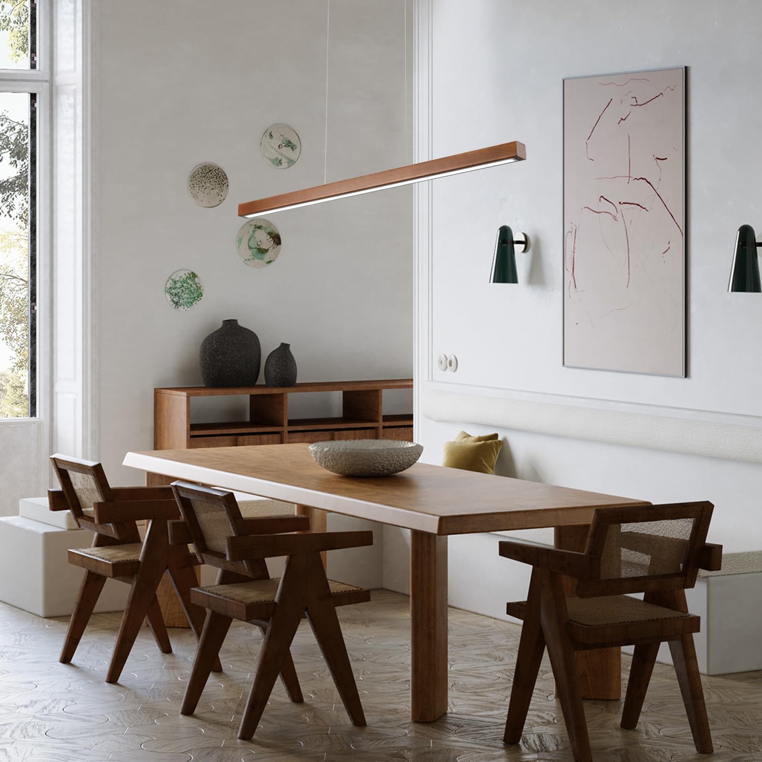 Yisdesign 47 Wood Linear Pendant Light Fixtures Modern Led 36W Dimmable Pendant Lighting Ceiling Hanging Lights Wood Linear Chandeliers For Kitchen Island Dining Room Pool Table Walnut Color