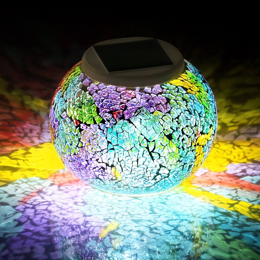 Wsgift Color Changing Solar Powered Glass Mosaic Ball Lights - Outdoor Waterproof Table Lamps