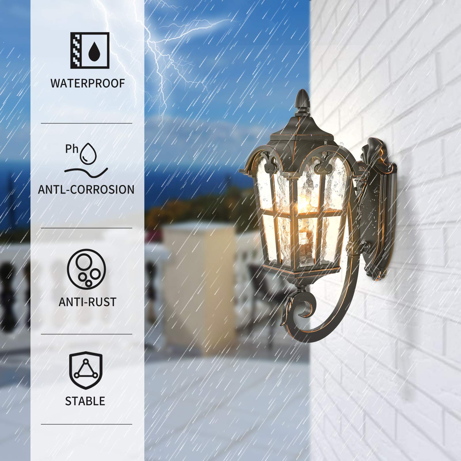 PARTPHONER Outdoor Wall Light Fixture - Black Roman Waterproof Sconce, 17.71in H, Glass Shade, Model PA1143