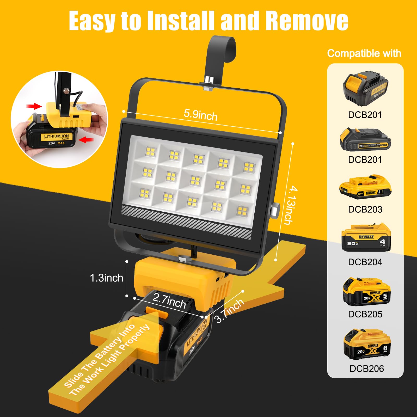 Cordless Led Work Light For Dewalt 20V Max Battery, 60W 6000Lm Flood Light, Battery Light For Dewalt 20V Tools With Usb & Type-C
