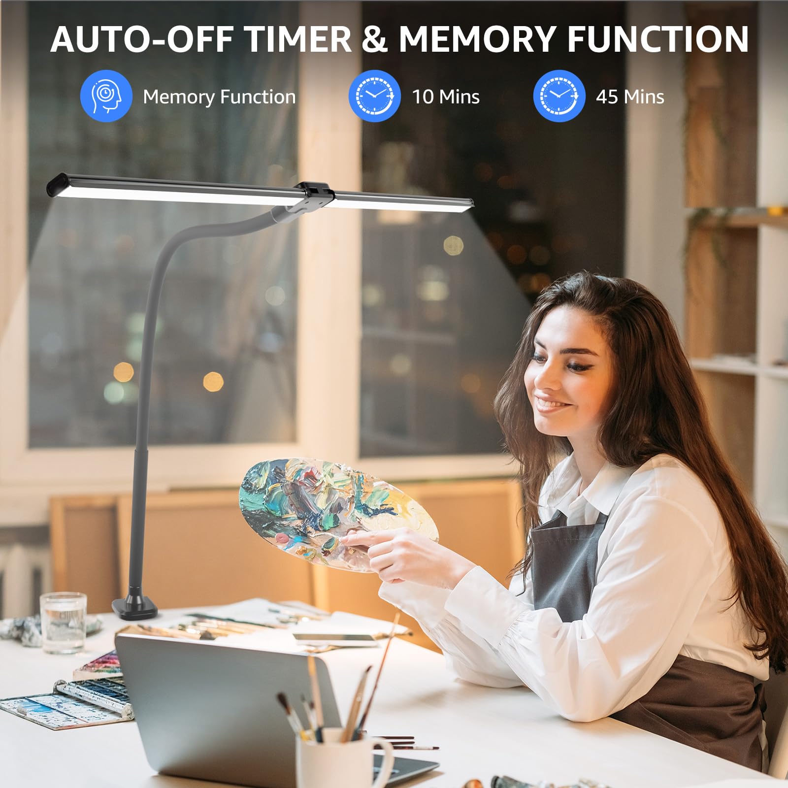 Shinetech Led Desk Lamp For Home Office, 5000K Bright Double Head Architect Task Lamps With Clamp, Dimmable Adjustable Flexible