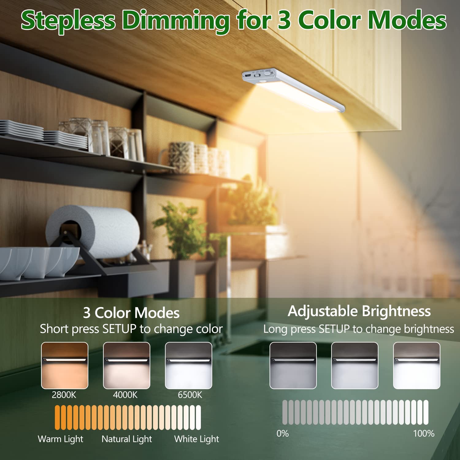 Hiboitec 60 Led Under Cabinet Lights, 3 Color Temperatures Motion Sensor Light Indoor, 2500Mah Rechargeable Stepless Dimmable Cl