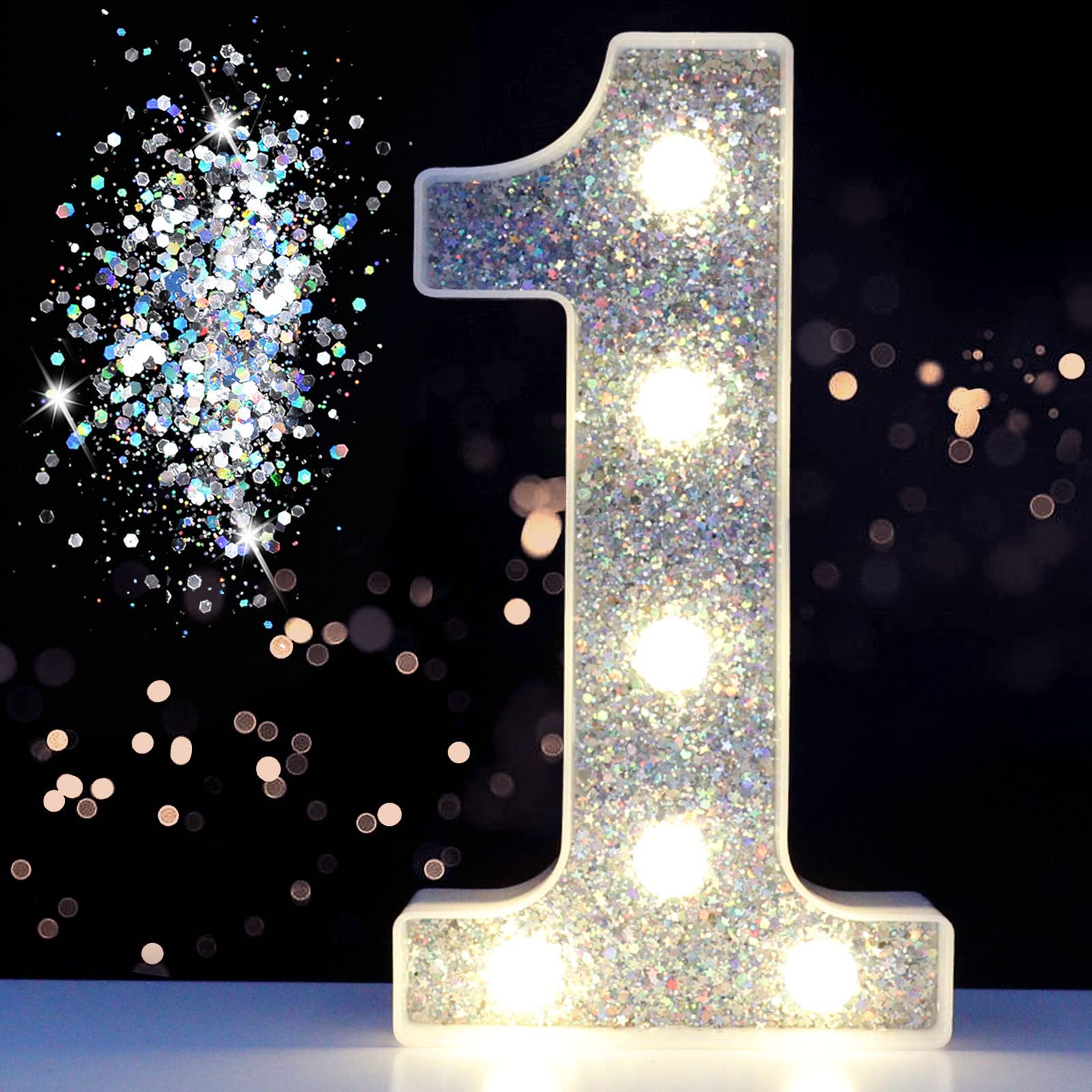 Pooqla Marquee Light up Numbers, Lighted Numbers for 1st Birthday Decorations, Night Light Battery Powered for Silver Party Deco