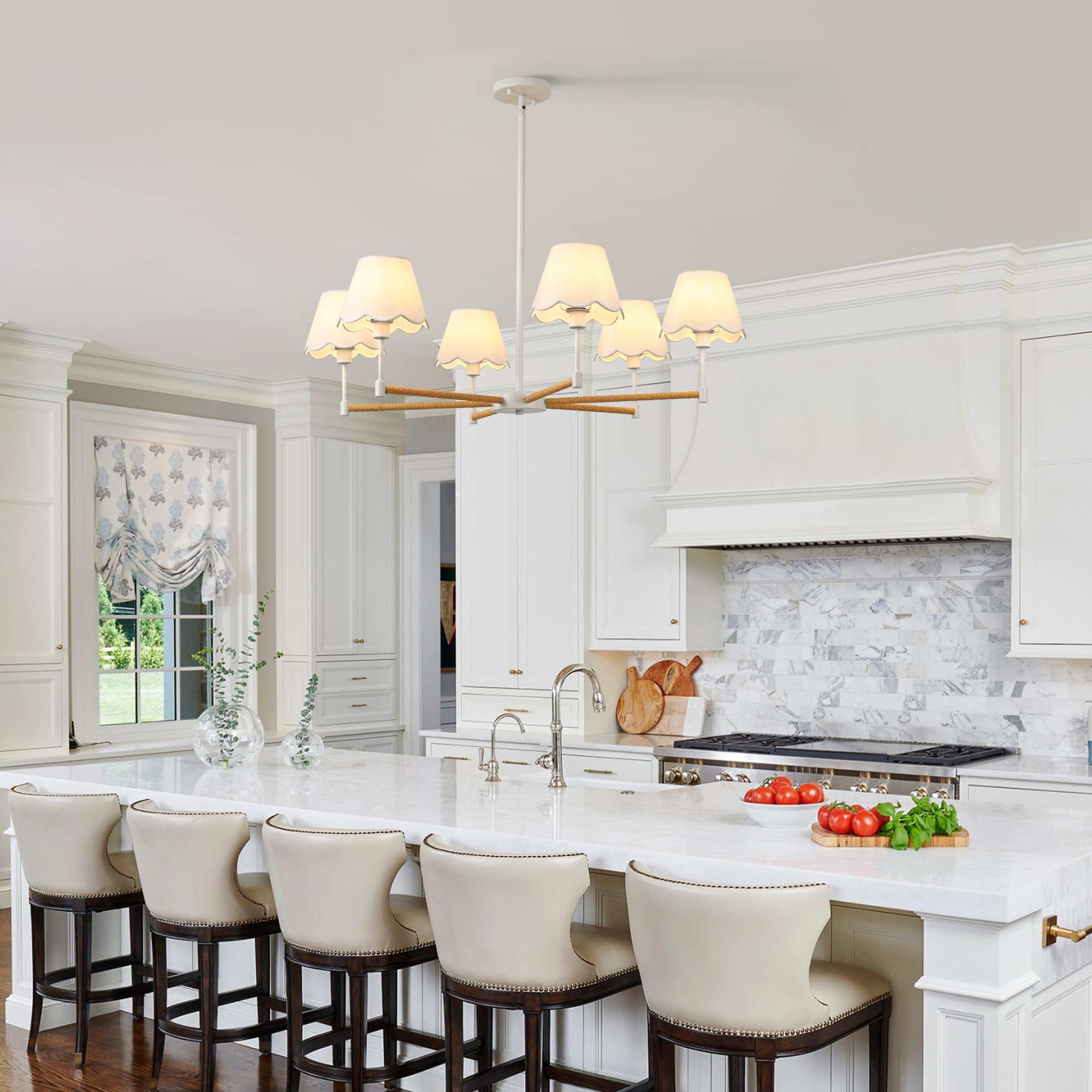 Farmhouse Rattan Chandelier With White Fabric Shade  6-Light Boho Chandeliers For Dining Room  Adjustable Rustic Pendant Light 37.5 Modern White Hanging Lighting For Kitchen Island  Living Room