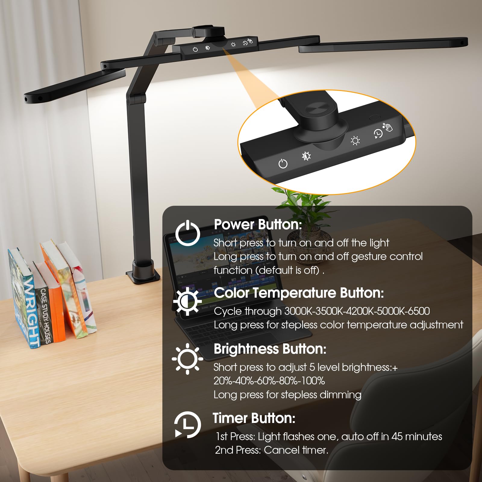 Shinetech Led Desk Lamp With Clamp, Adjustable Desk Light For Home Office With Gesture Sensor, 24W Bright Lamp With Usb, Type C