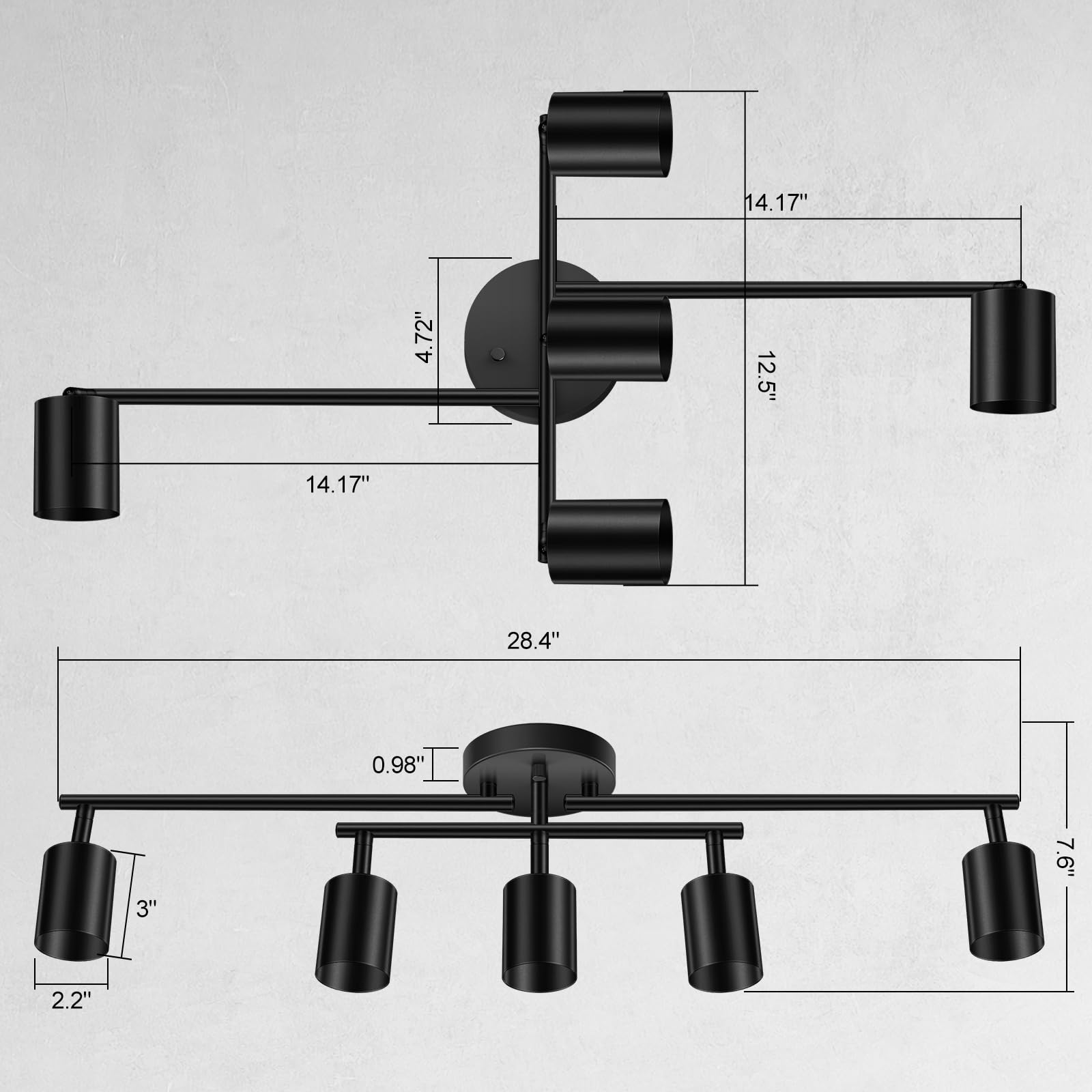 Boostarea 5 Light Track Lighting Kit, Black 5 Way Ceiling Spot Lighting, Center Swivel Track Light Heads, Flexibly Rotatable Lig