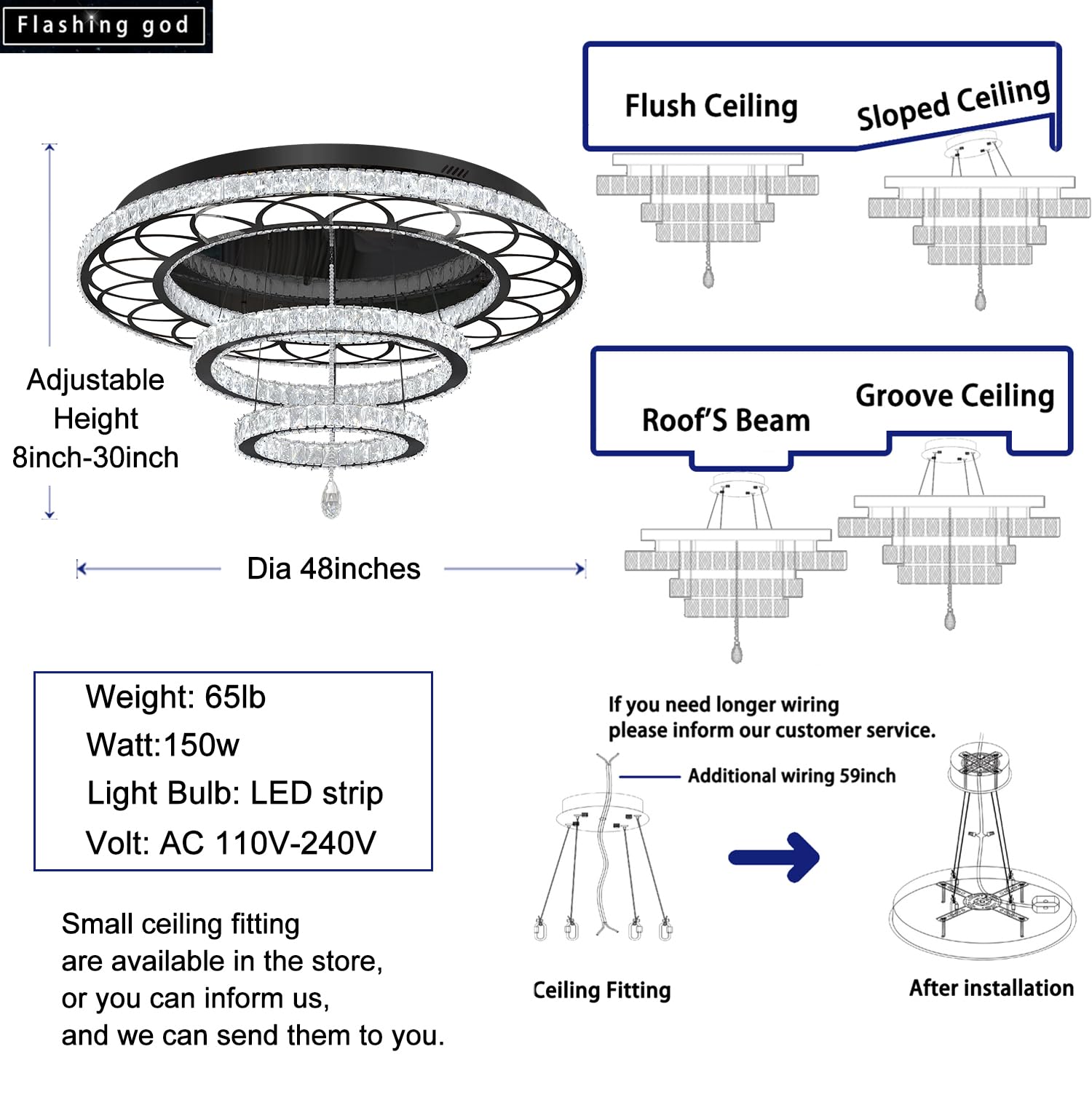 Flashing God Dia 48'' Large Chandelier Crystal Black Ceiling Light Fixtures Led Flush Mount Ceiling Light For Living Room Bedroo