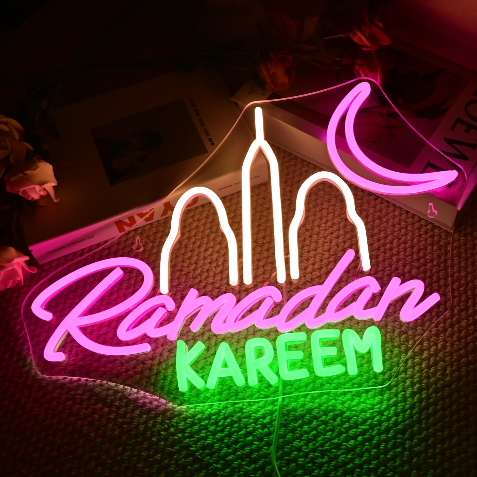 FAXFSIGN Ramadan Kareem Neon Sign - Dimmable LED Light for Wall Decor - Colorful Acrylic - Ideal for Living Room, Bedroom, and Parties