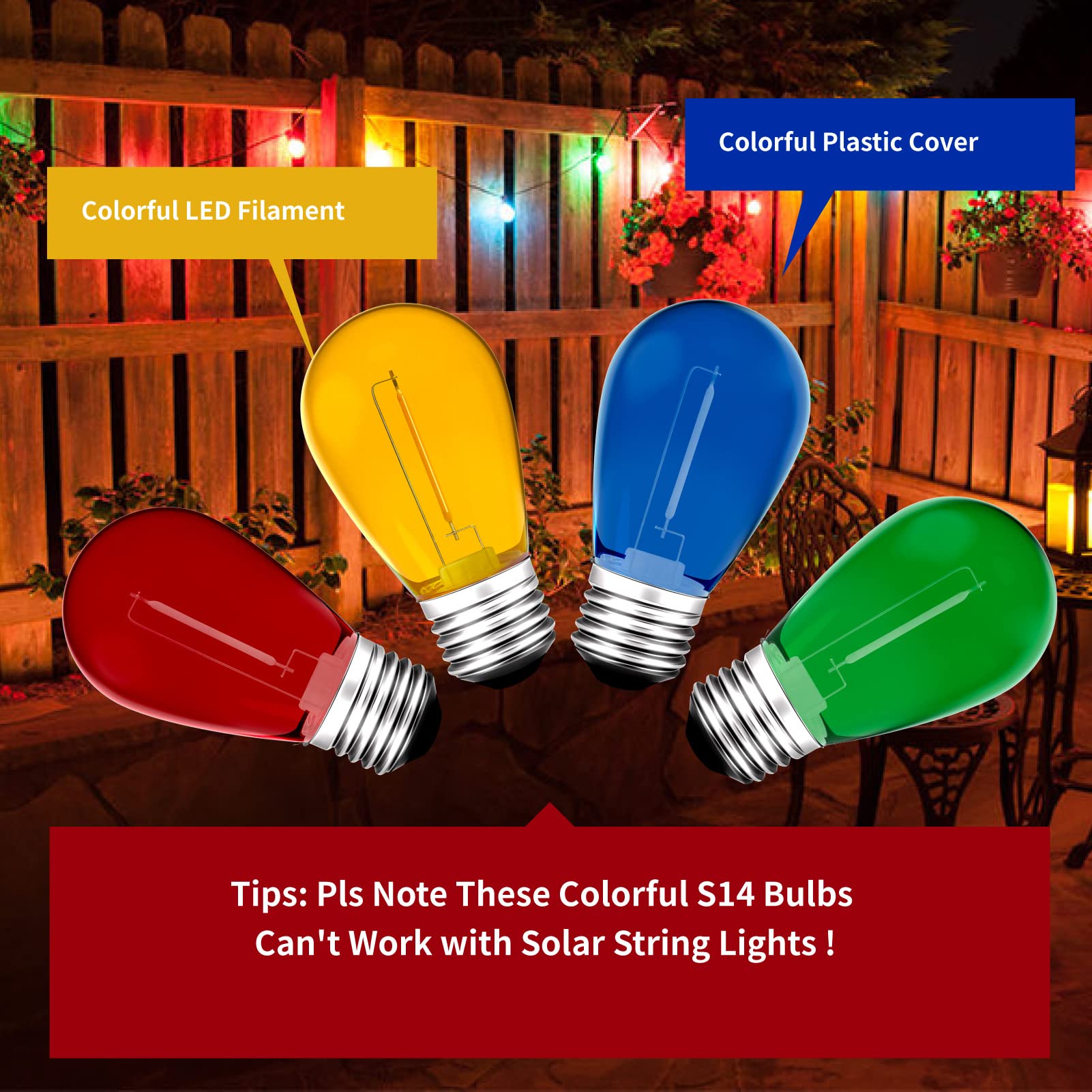 Meconard 24-Pack S14 Colored LED String Light Bulbs, Shatterproof, Waterproof, E26 Base, Multi-Color for Indoor/Outdoor Home Decor