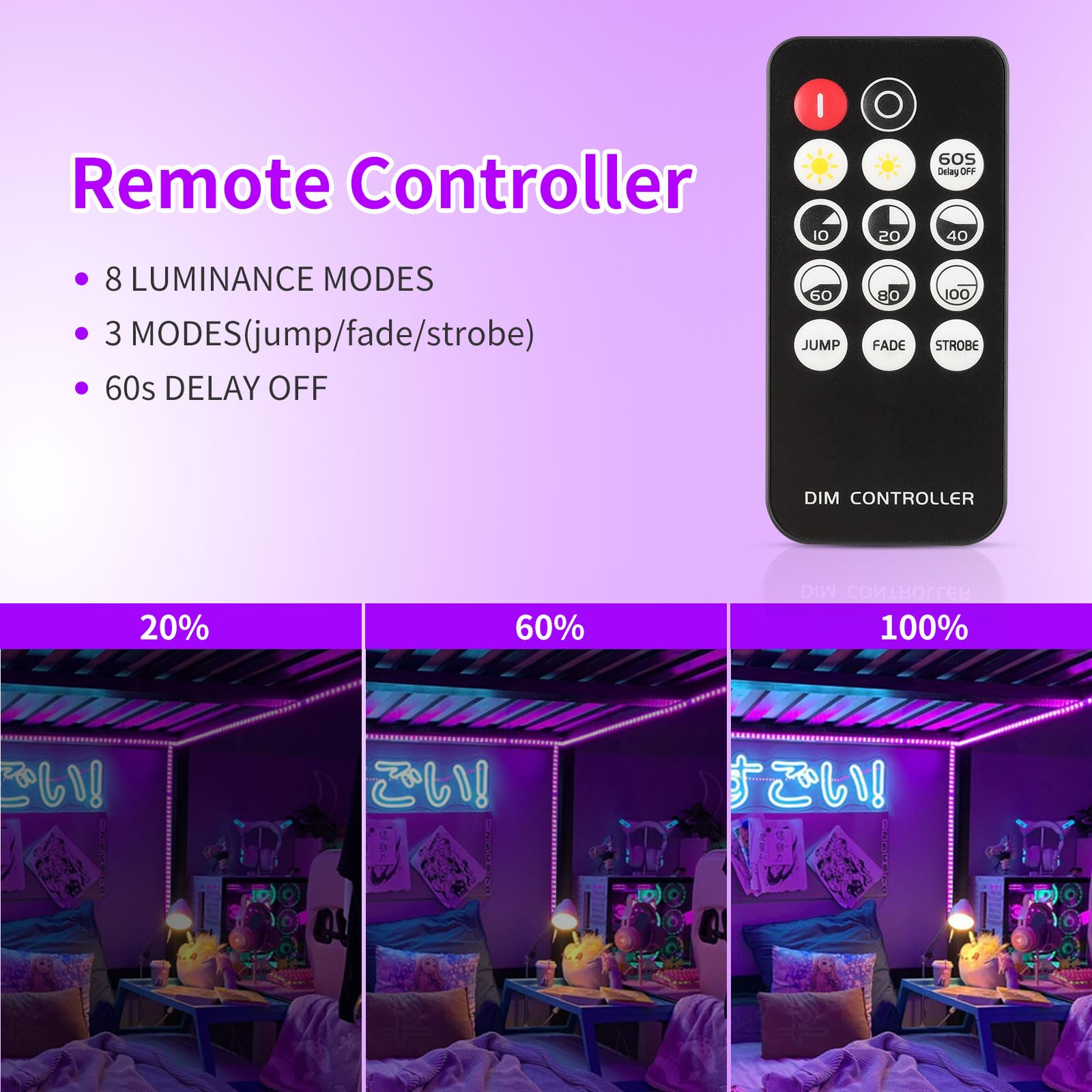 Thecham 40Ft Black Light Strip With Remote, 720 Led Lamp Beads, 12V Flexible Lights For Glow Party, Dimmable, Delay Off, 3 Light