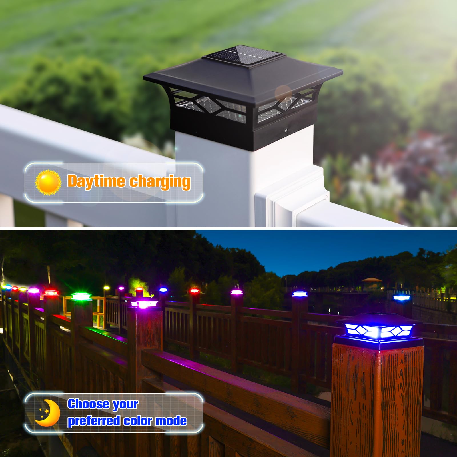 VOLISUN Solar Fence Post Cap Light, Waterproof RGB Color Changing, 8 Pack, Black, Fits 4x4 & 6" Wooden/Vinyl Posts, Solar Powered