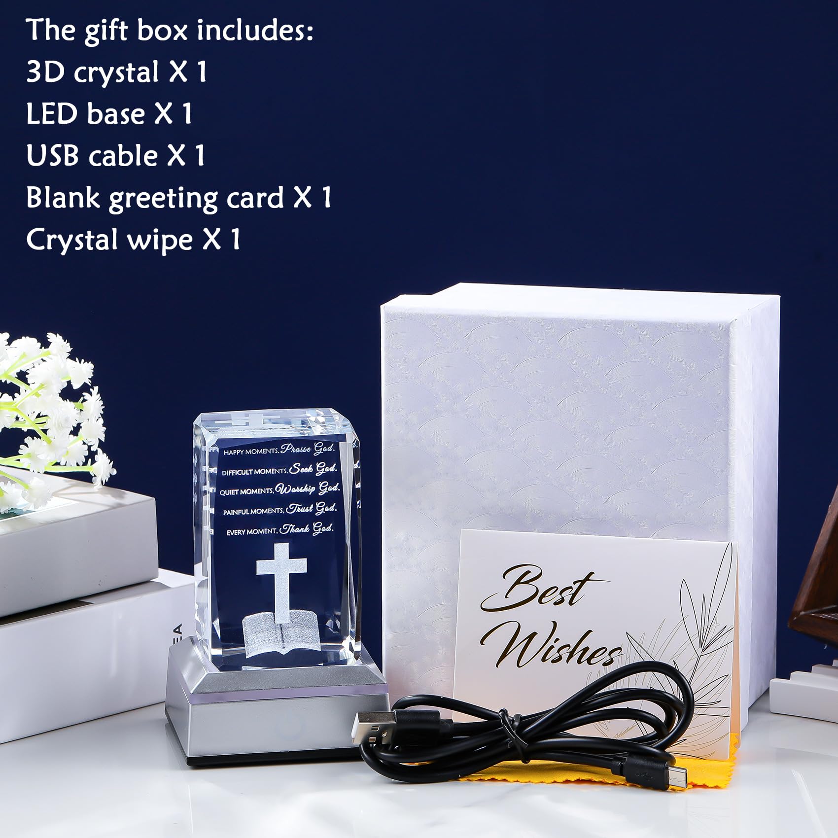 Movdyka 3D Crystal Bible Verse Night Light Gift - Inspirational Keepsake with LED, Model 558, Color: Happy Moment