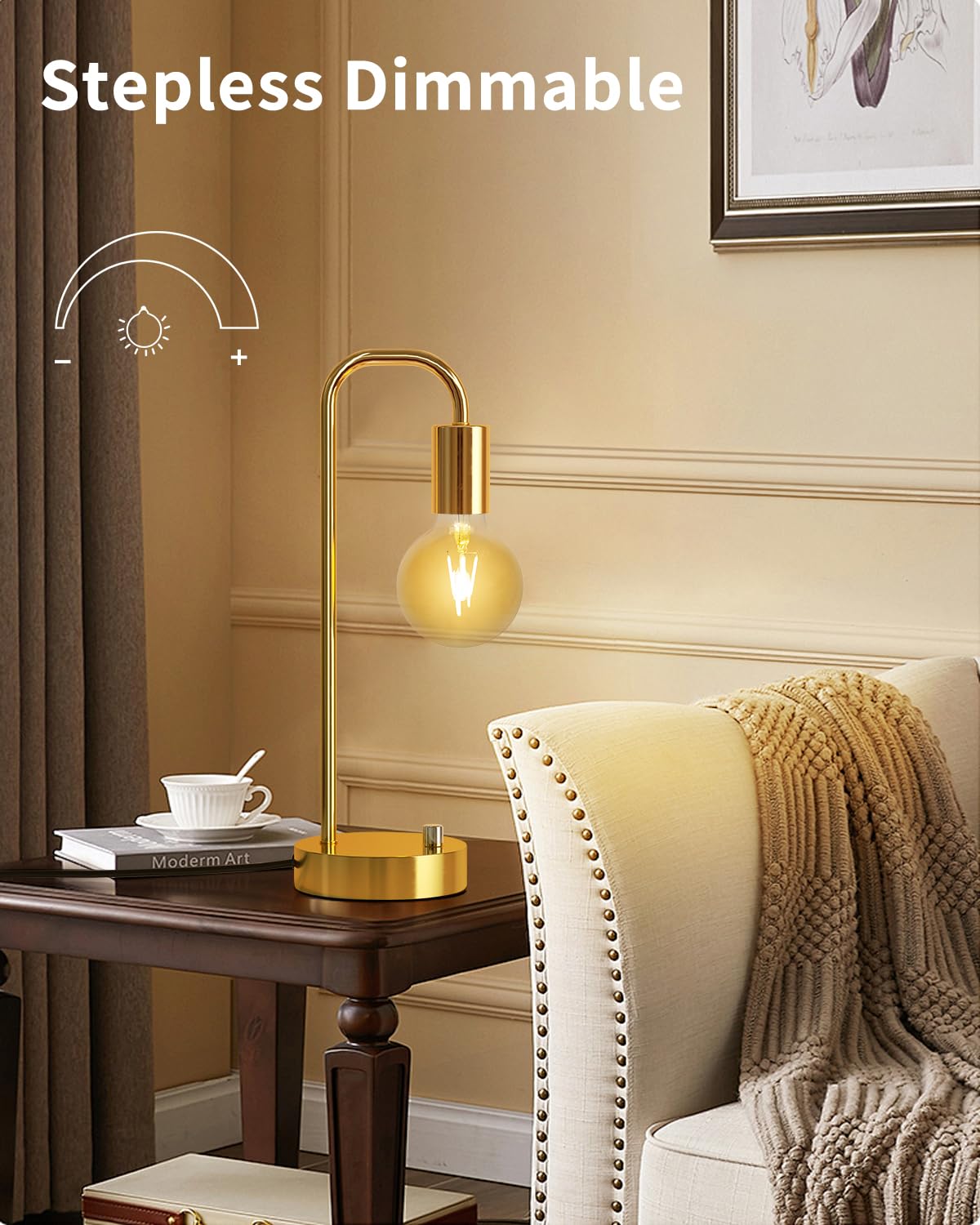 Onewish Industrial Table Lamp Set Of 2 With Usb A&C Charging Port, Stepless Dimmable Nightstand Bedside Lamps For Bedroom,Desk L