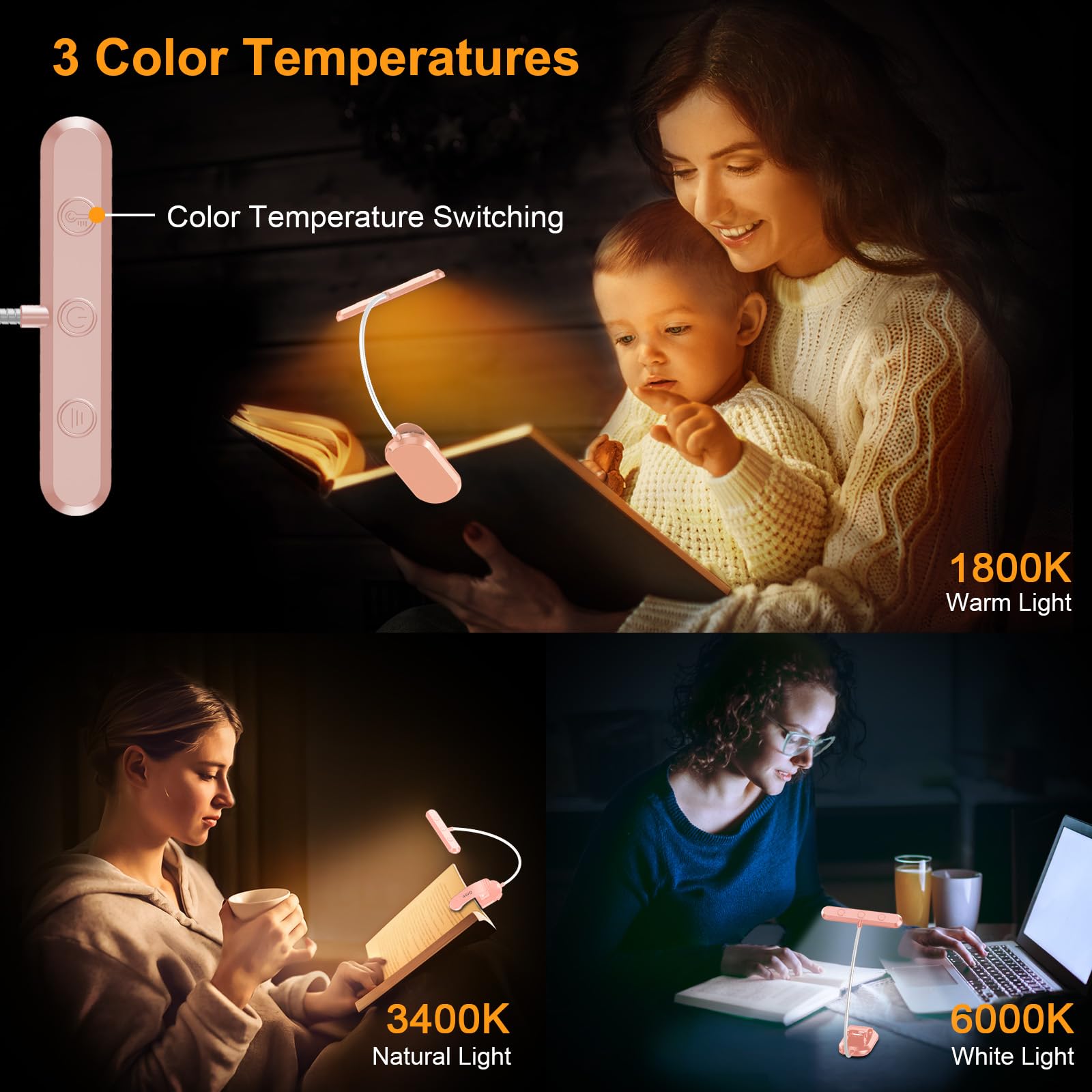 Gritin Rechargeable Book Light, 19 LED, 80 Hrs Runtime, 3 Color Temperatures, Flexible Goose Neck, Pink, Model G1321, 10.5x10