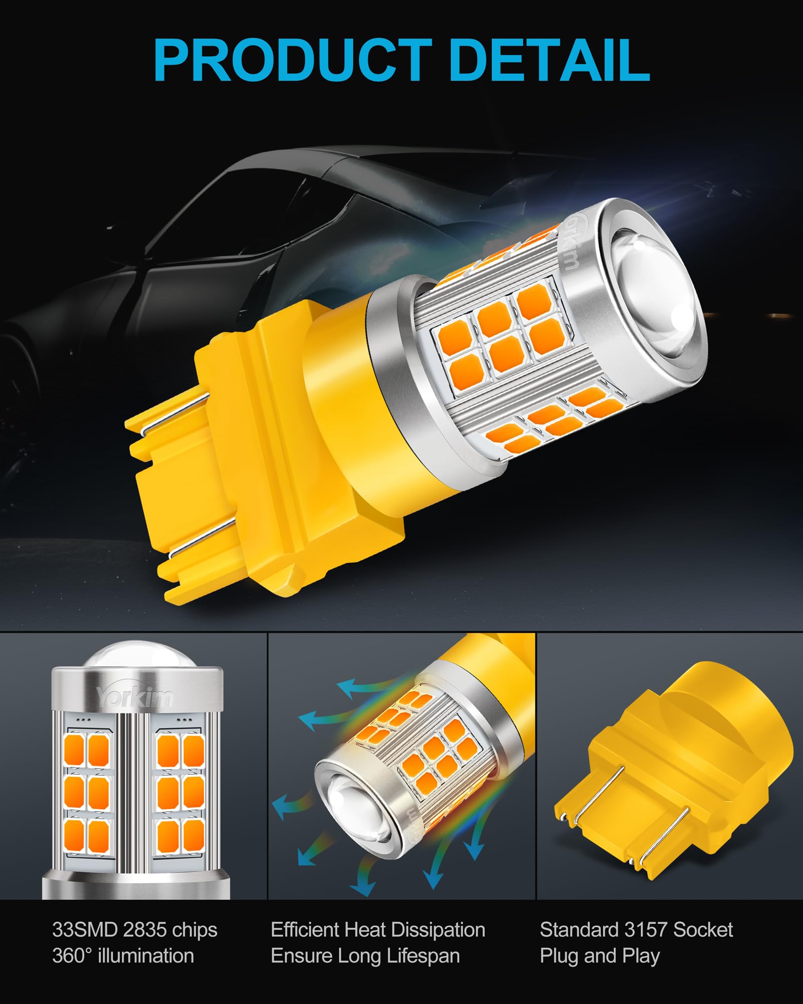 Yorkim 3157 Led Bulb Amber Led Turn Signal Bulb, 3157A Led Bulb 3156 Led Amber Lights 3056 3057 4157 Bulb Led 3157 Replacement F