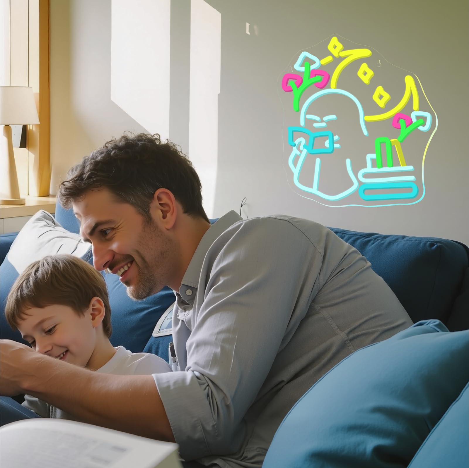 Wanxing Neon Sign - Little Ghost Reading Books, USB Powered Dimmable, Medium Size, Colorful Ghost Reading, Ideal for Kids Library and Decor