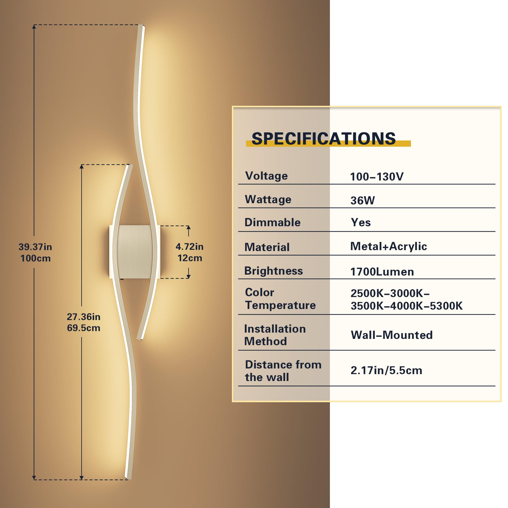 Joossnwell Brushed Nickel Vanity Light Fixtures, 39.4 Inch LED Dimmable, Model 3217