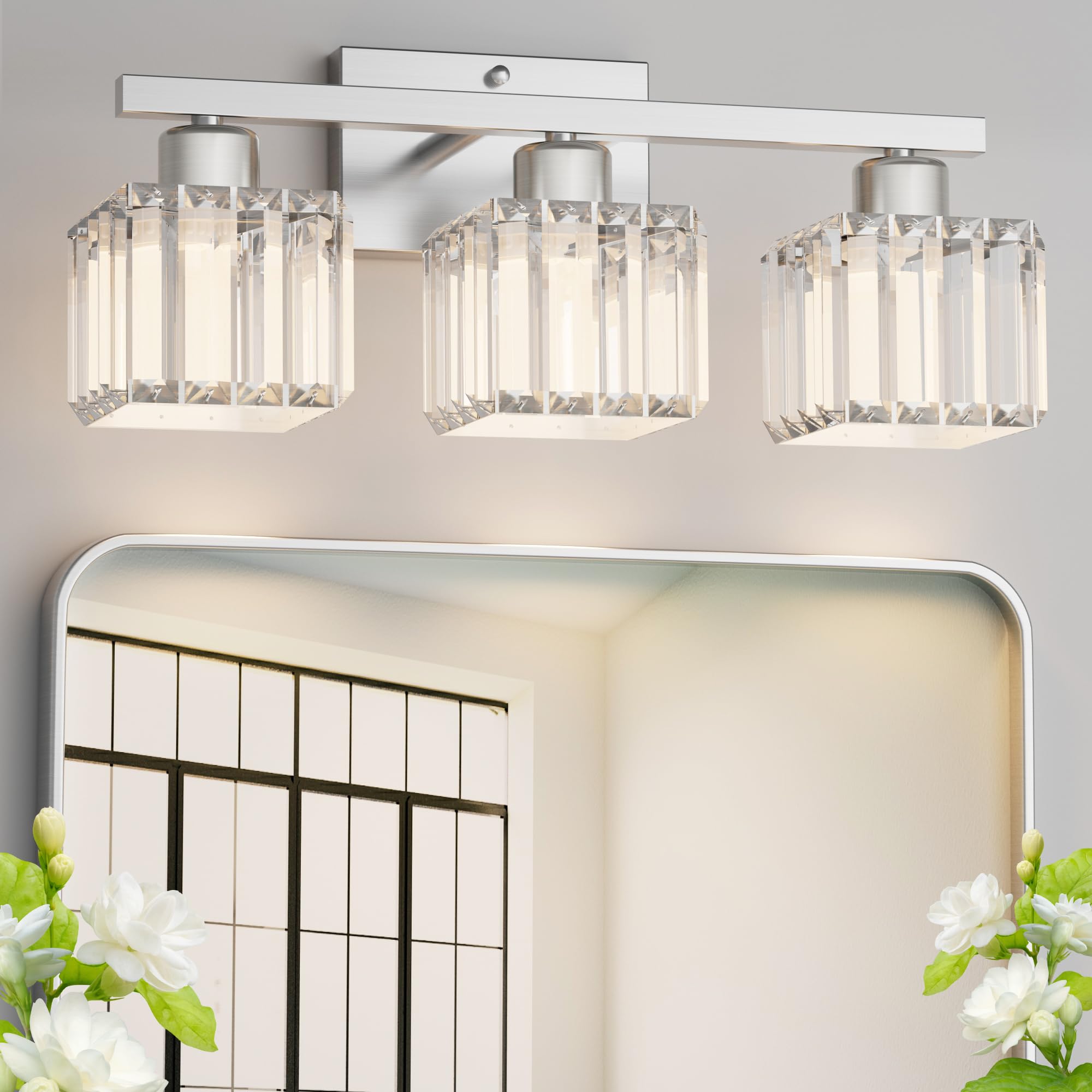 Golspark 3 Light Crystal Bathroom Vanity Light Fixtures Over Mirror  Brushed Nickel Modern Vanity Lighting Fixtures  Wall Sconce Bath Wall Light  E26 Base Square Crystal Shades (Exclude Bulb)