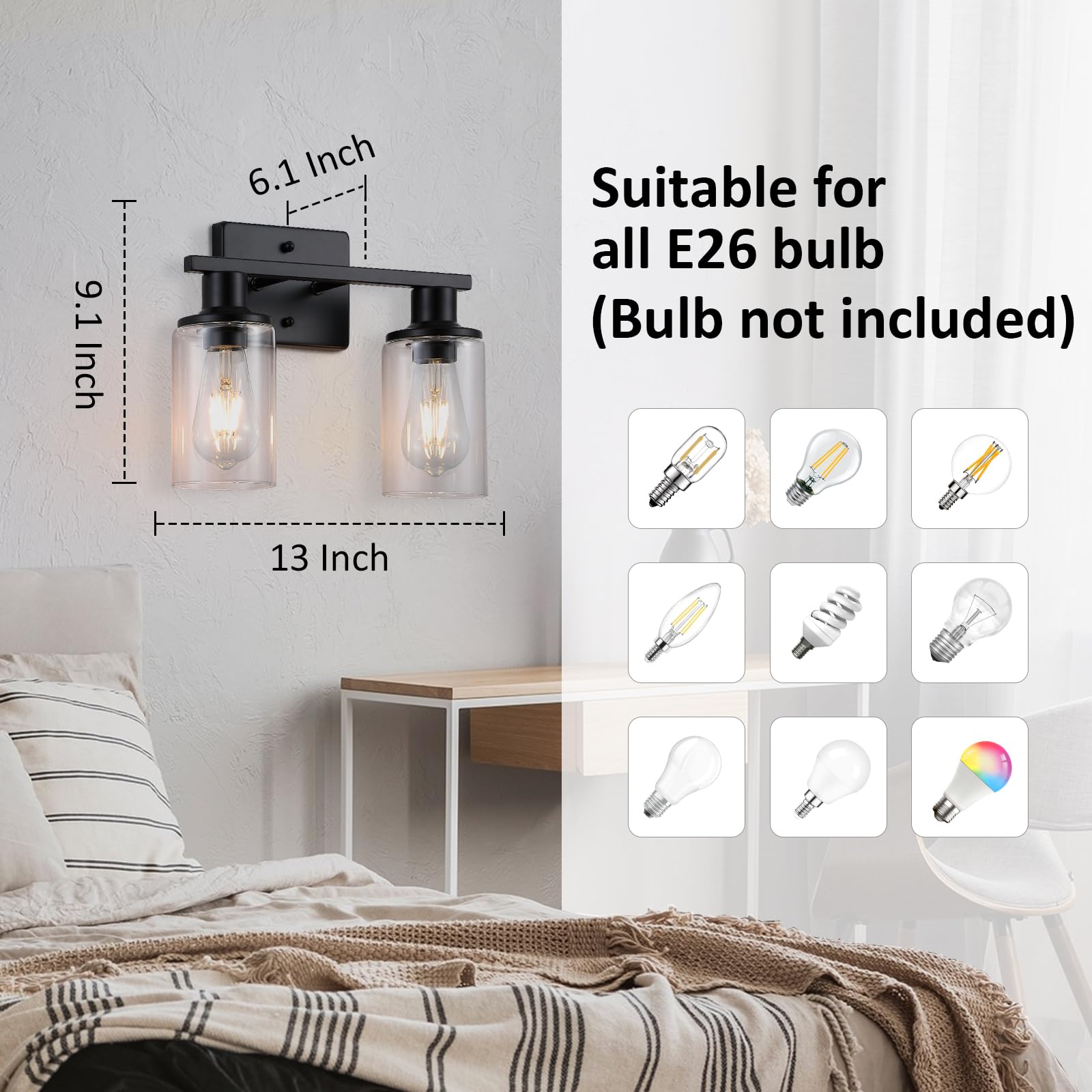 Litaddscen 2 Pack Matte Black Bathroom Light Fixtures Over Mirror,2-Light Bathroom Vanity Light With Clear Glass Shade,Modern Fa