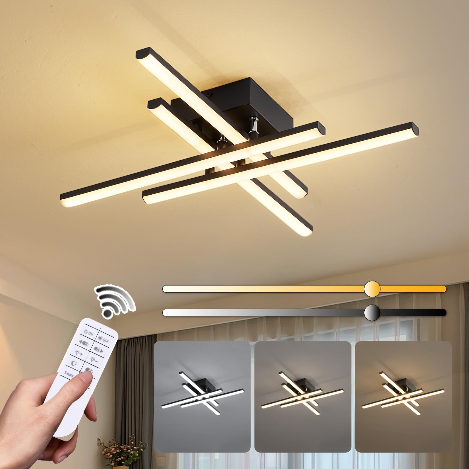 ORANOOR Modern LED Ceiling Light with Remote, Dimmable LED Ceiling Lights for Bedroom Living Dining Room Kitchen, 24in Black Flu