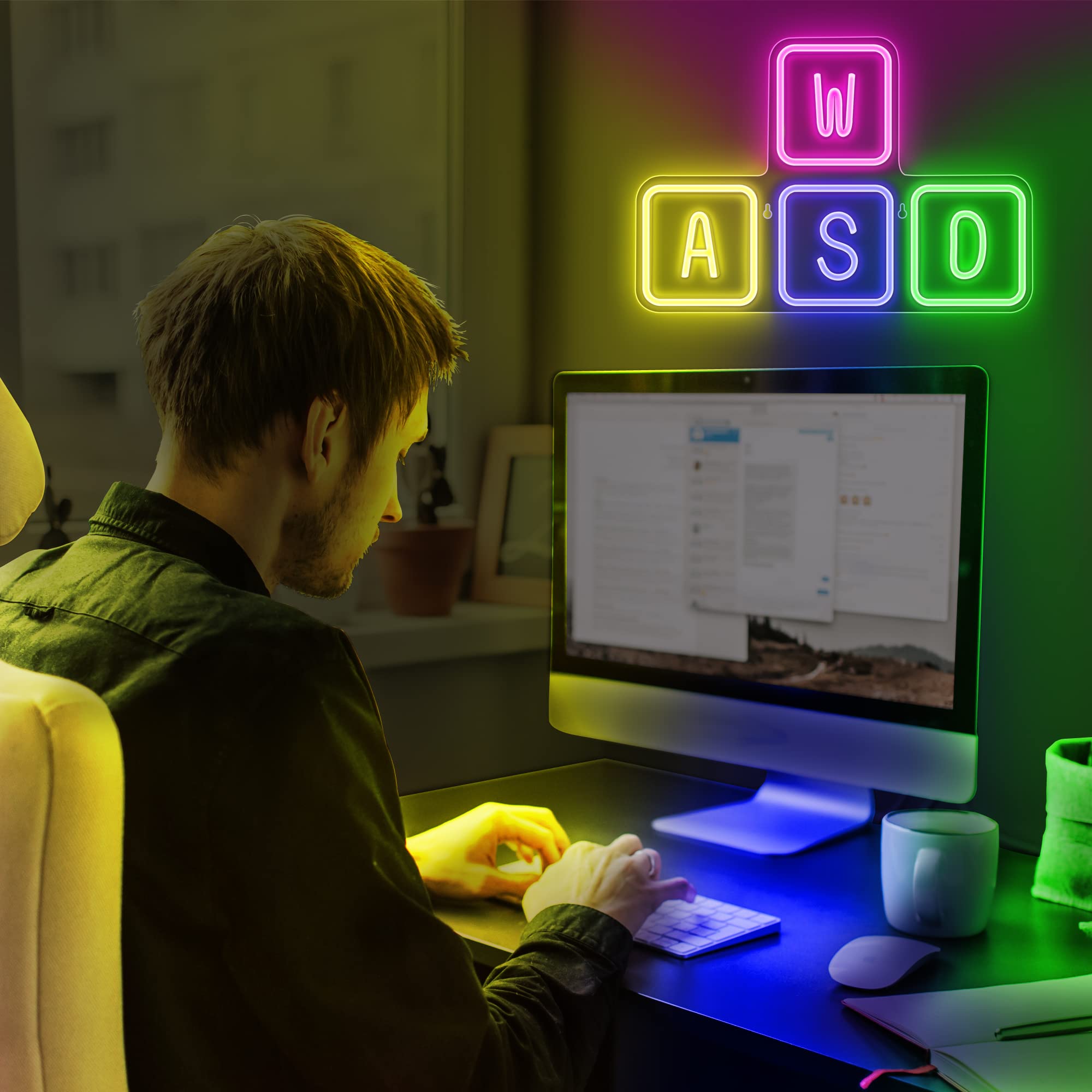 Lumoonosity WASD Neon Sign - LED Keyboard Wall Decor - 16.5x11.2 inches - Acrylic - Yellow/Green/Blue/Pink - Model NS-WASD Mix