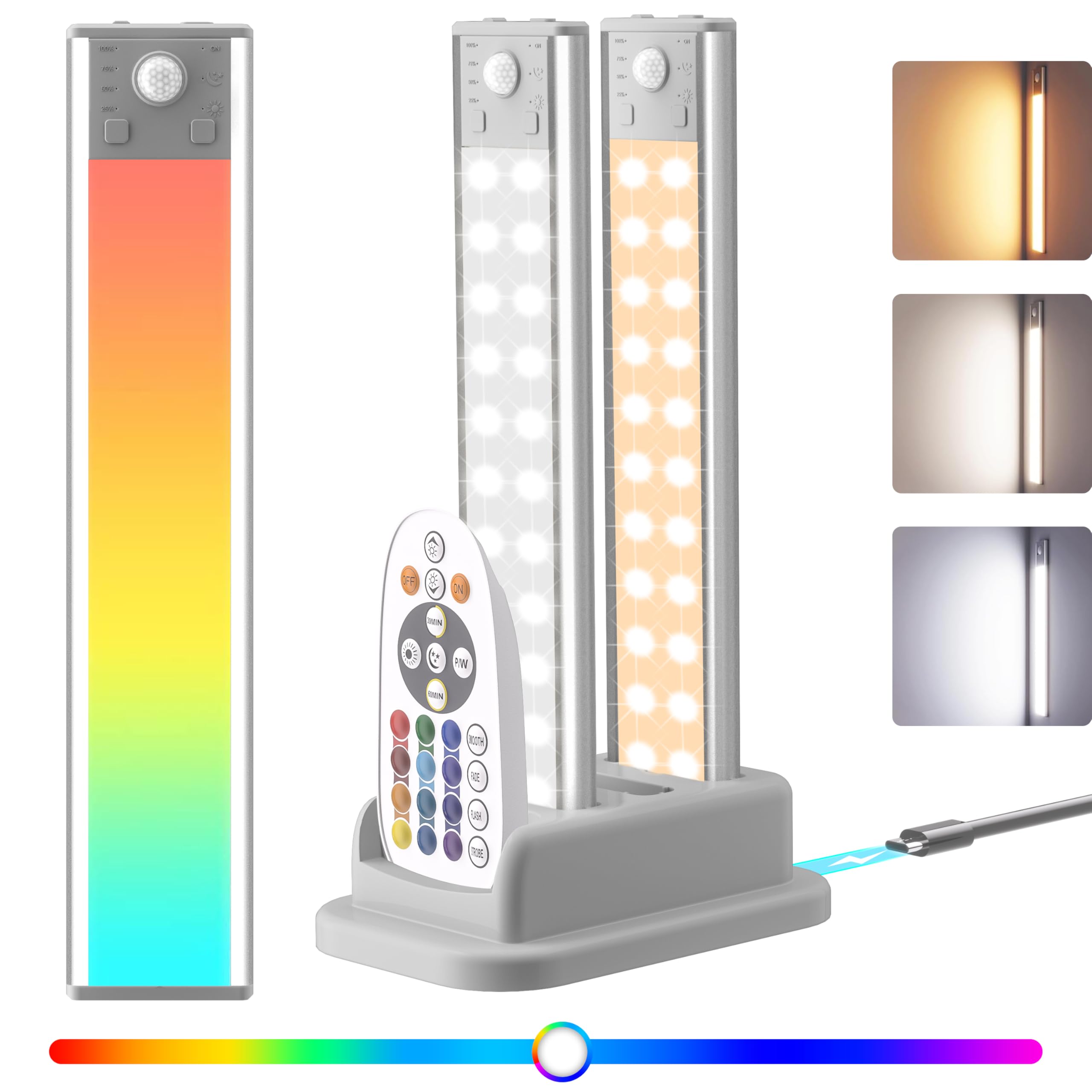 lexall Under Cabinet Lighting, 3 Pack 60 LED Rechargeable Motion Sensor Light Indoor with Charging Station, Dimmable LED RGB Lig